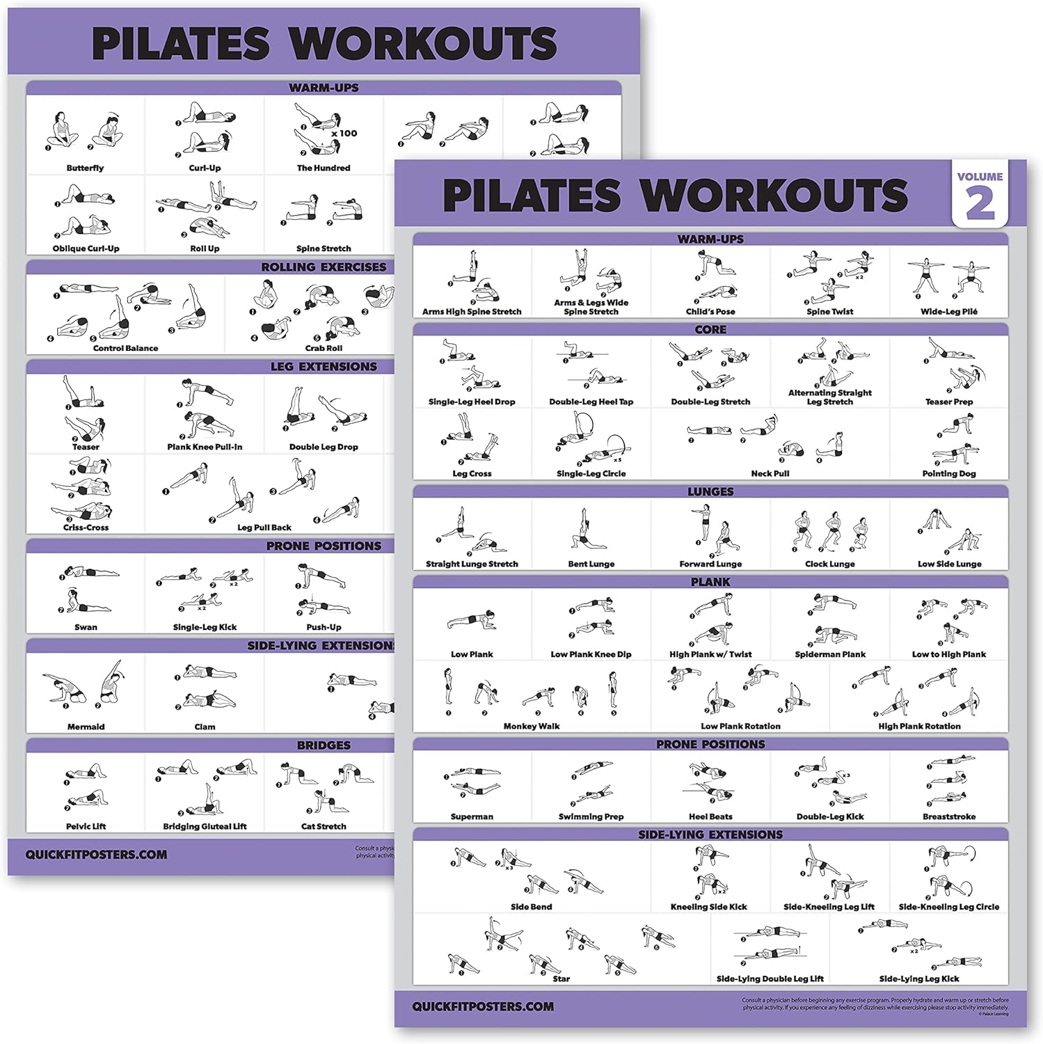 2 Pack - Pilates Workout Posters Volume 1 & 2 - Pilates Mat Work Exercises - Fitness Chart Set