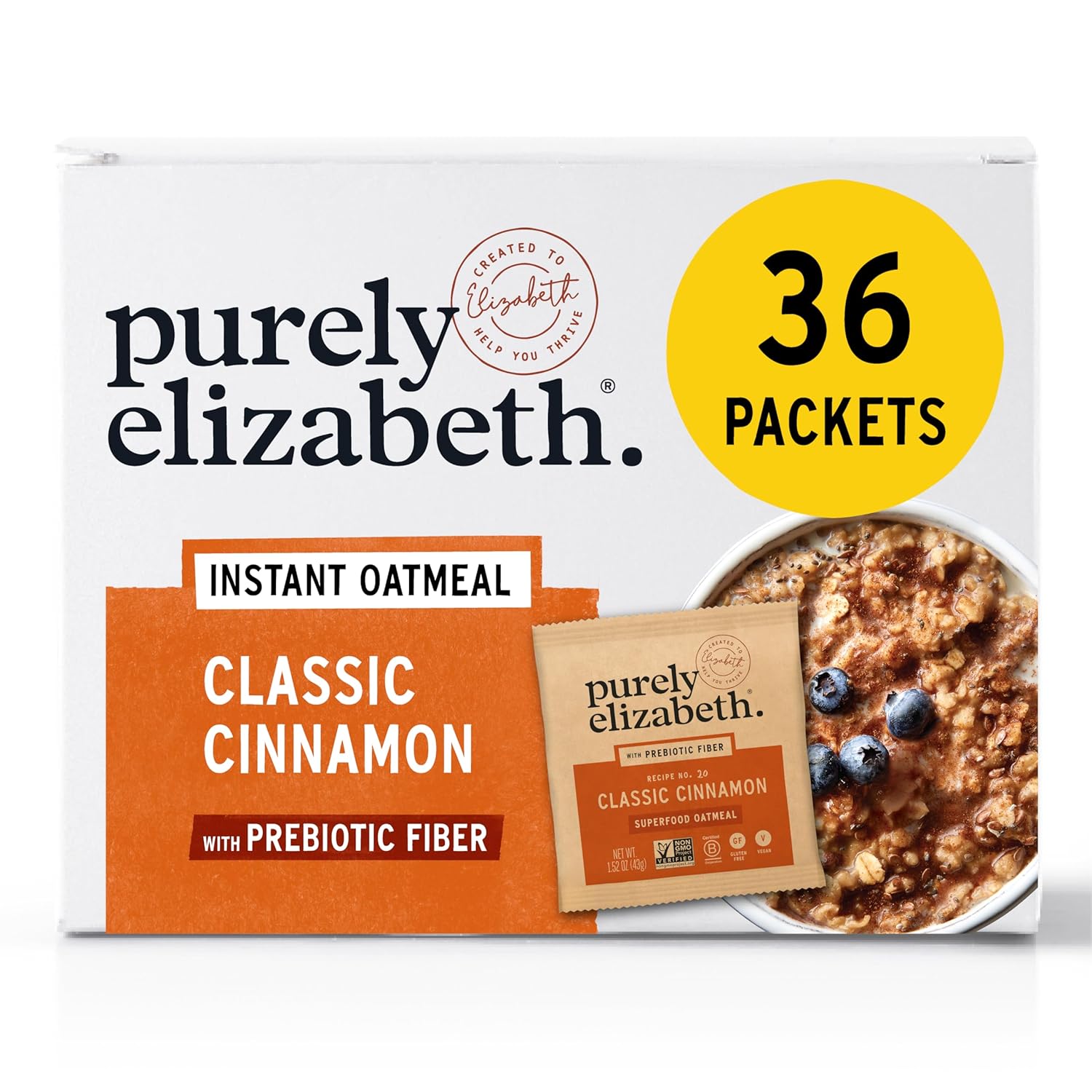 Purely Elizabeth Classic Cinnamon Superfood Oatmeal, with Prebiotic Fiber, Gluten Free & Non-GMO, 9.12 Oz (Pack of 6) (6 Pack, Classic Cinnamon)