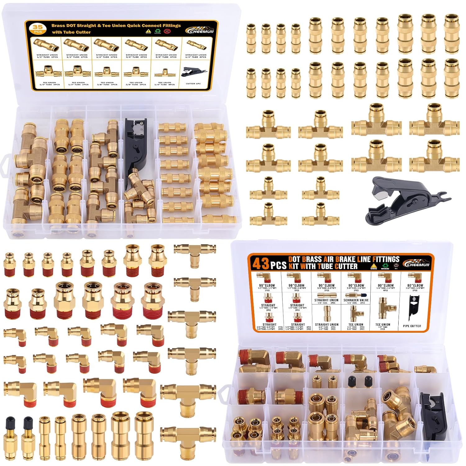 CheeMuii 78 Pcs Brass DOT Air Line Fittings Kit Push Lock DOT Air Fittings 2-in-1 43+35 Pcs Push to Connect Fittings NPT Thread & Quick Connect Air Hose Fittings Assortment