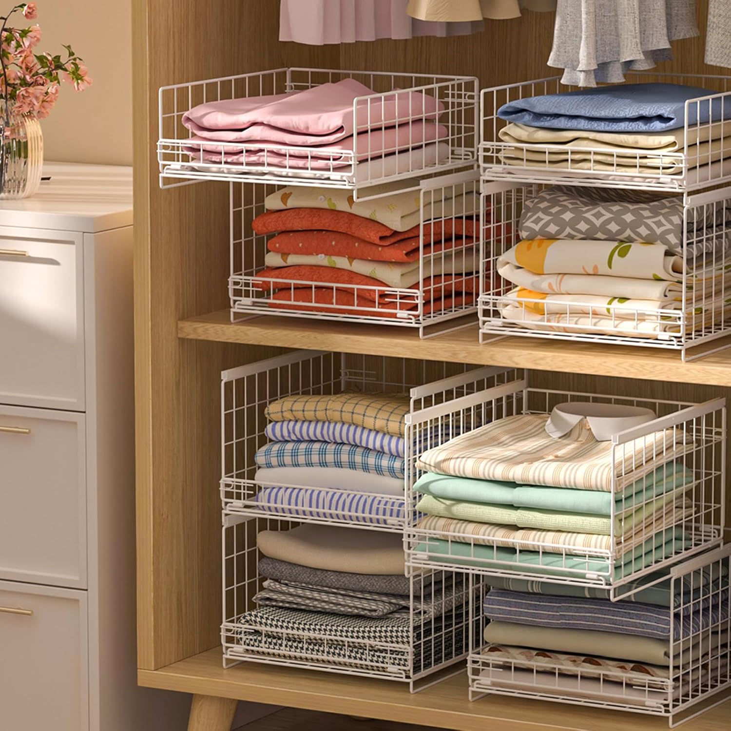 4-Tier Stackable Closet Organizers and Storage Shelves, Sliding Storage Basket Clothes Bins Drawer Shelf Container for Wardrobe Kitchen Bathroom Office, White