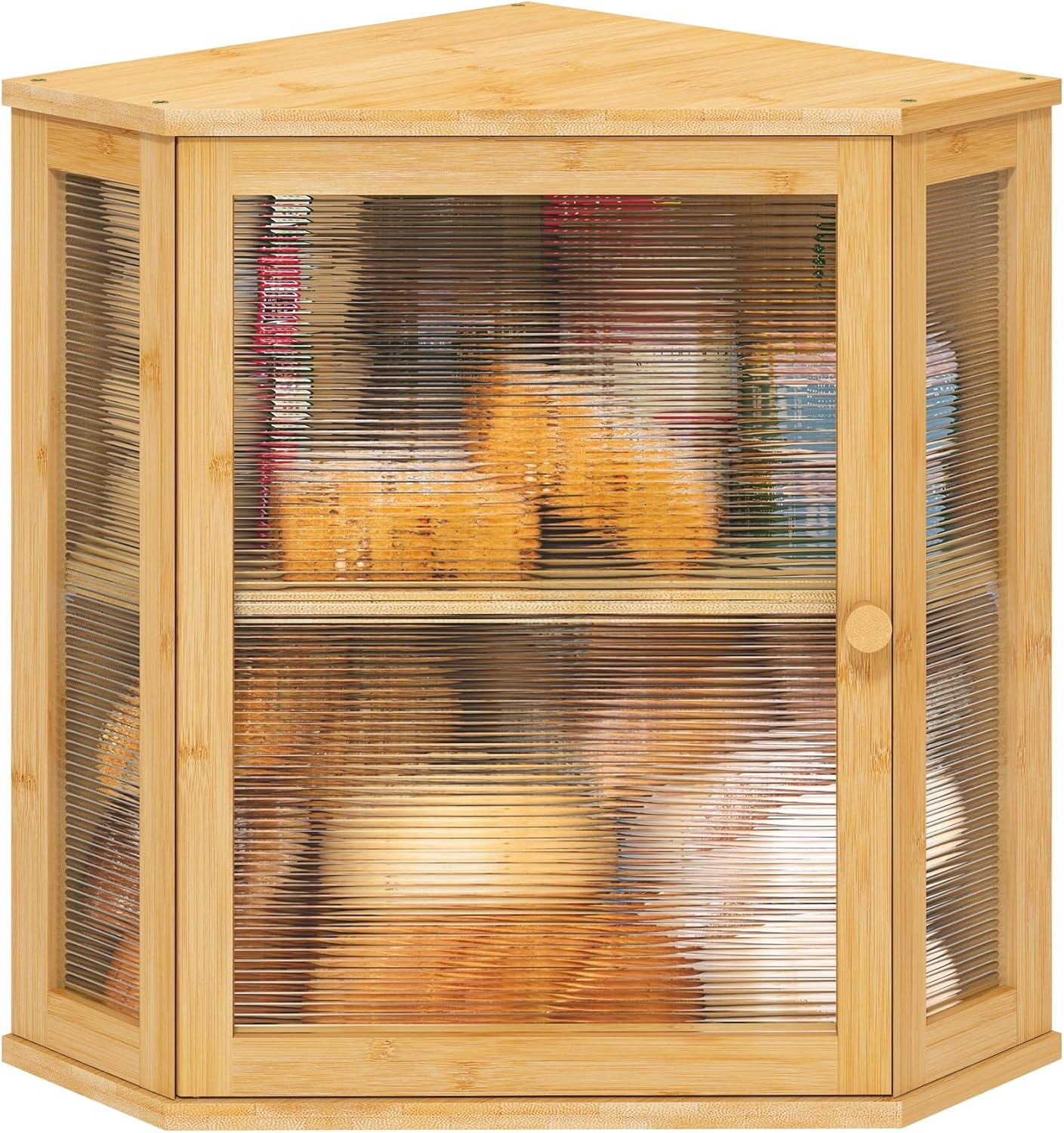 Corner Bread Box for Kitchen Counter, Bamboo Wood Large Capacity Bread Storage Bin with Acrylic Wavy Door Panel (Natural, Extra Large)