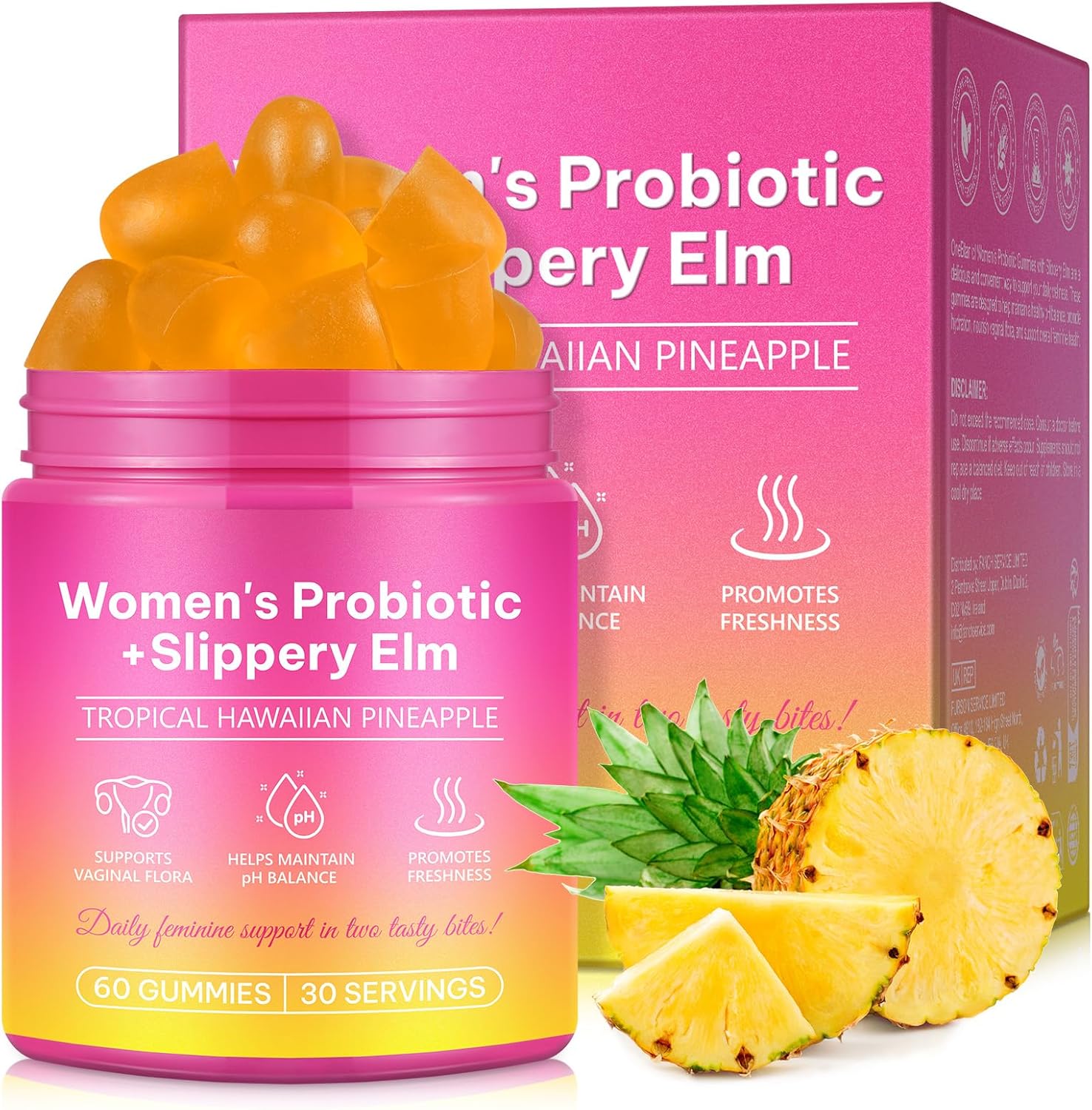 Vaginal Probiotics Gummies for Women, Premium Feminine Balance Gummies with Slippery Elm for Vaginal Health Support, pH Balance & Intimate Comfort - Pineapple Flavour Vegan, 60 Pcs