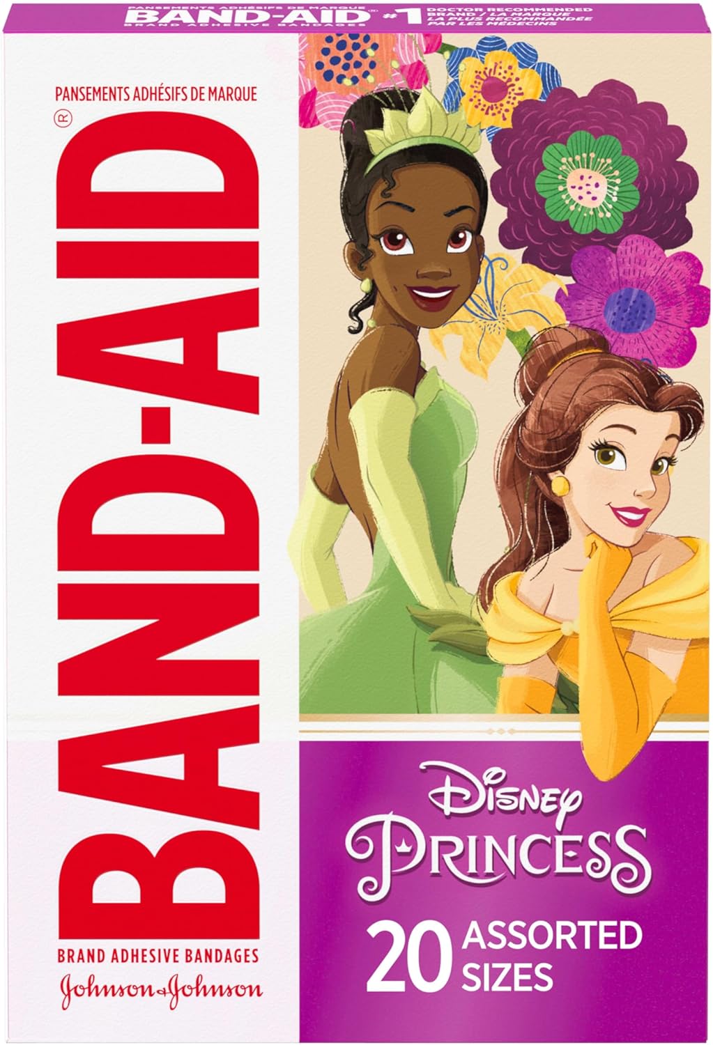 Band-Aid Brand Adhesive Bandages for Minor Cuts & Scrapes, Wound Care Featuring Disney Princess Characters, Fun Bandages for Kids and Toddlers, Assorted Sizes, 20 Count