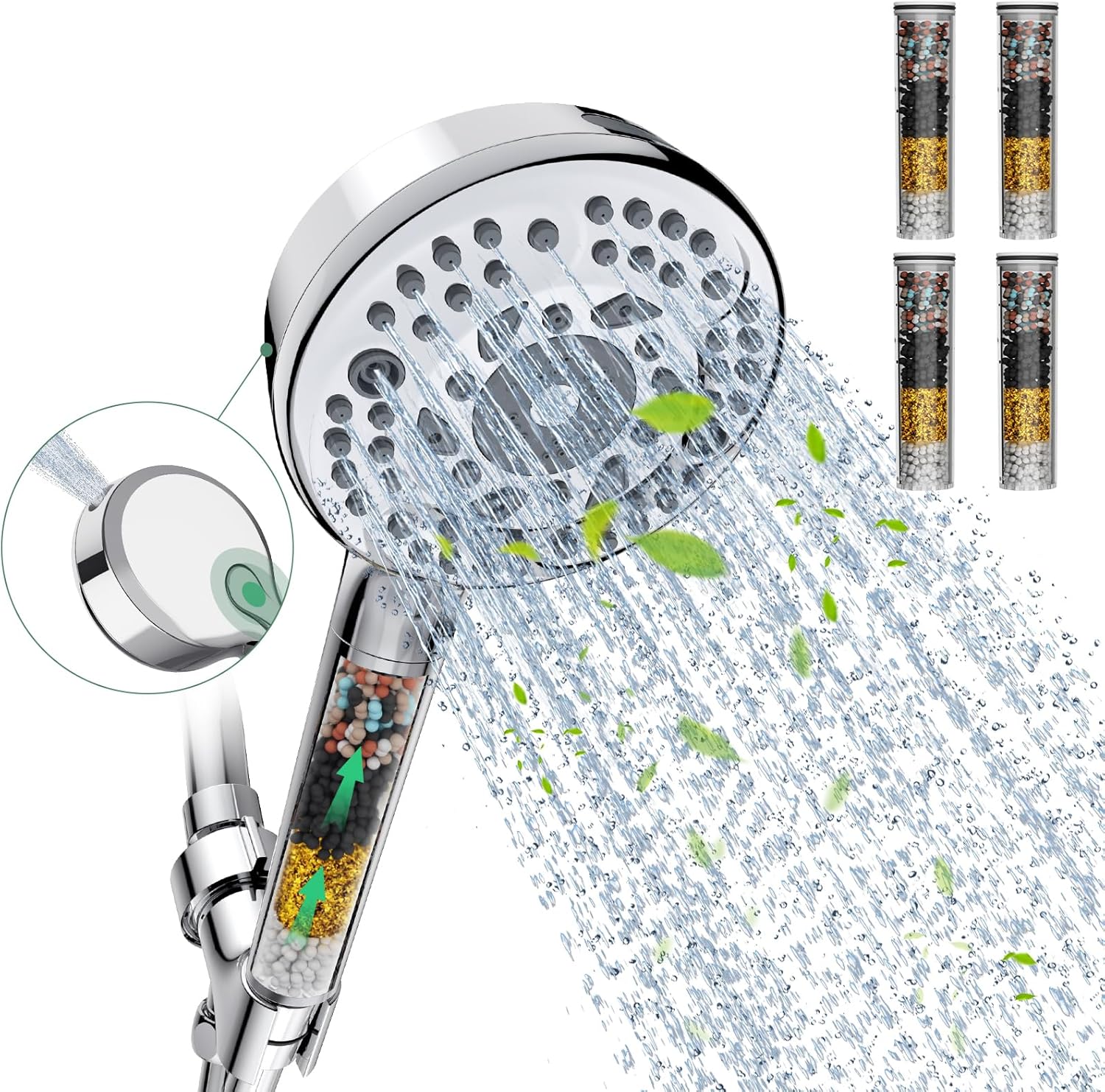 Filtered Shower Head and Hose, 9-Spray Setting High Pressure Shower Head with Filters for Hard Water - Filtered Chlorine (Chrome,4 Filters)