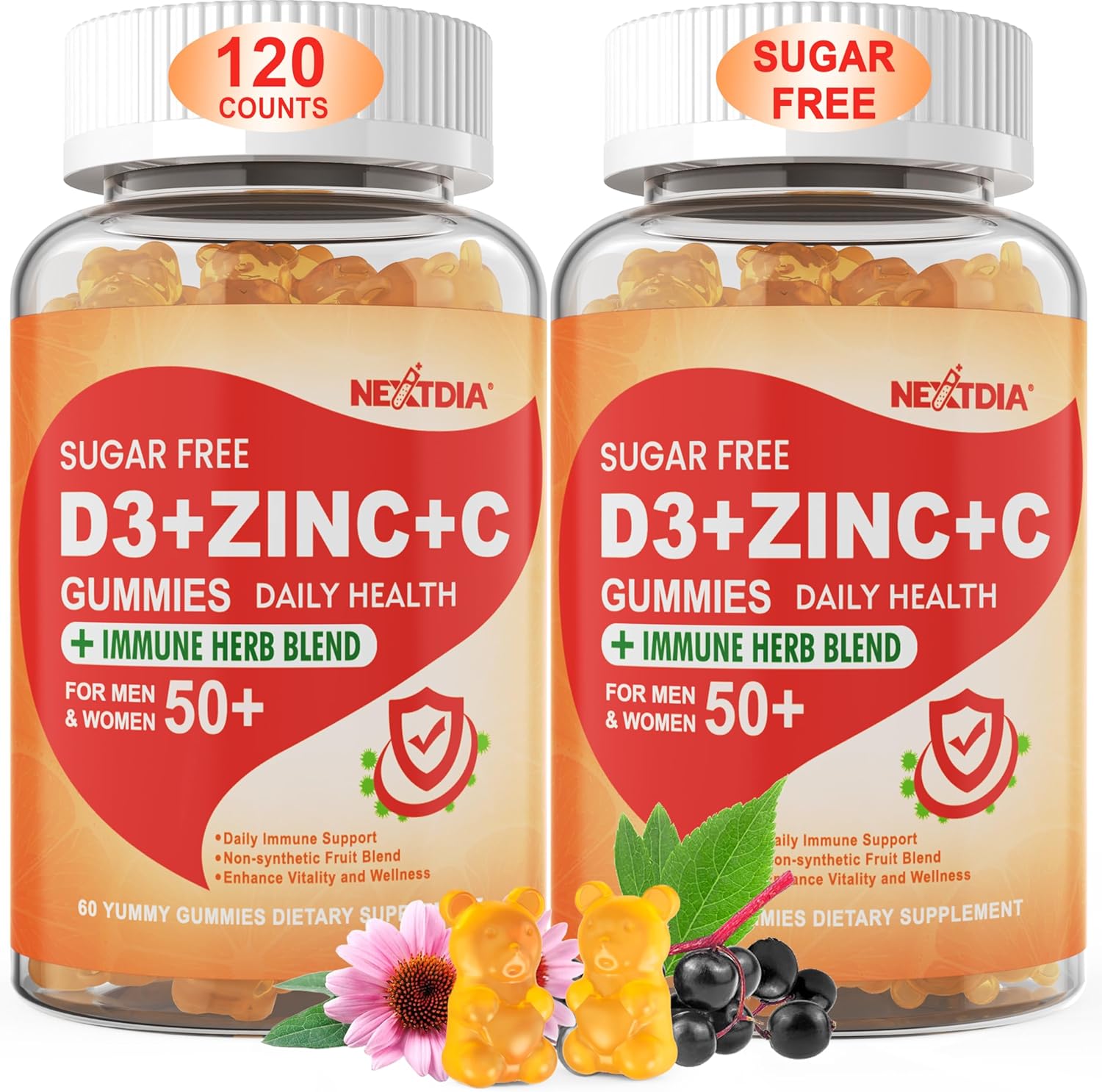 Sugar Free Vitamin C + D3 + Zinc Gummies for Adults 50 +, 9 in 1 Immune Defense Supplement with D3 5000IU, Elderberry, Echinacea, Mullein Leaf for Boost Immunity, Power Antioxidant, Vegan (Pack of 2)