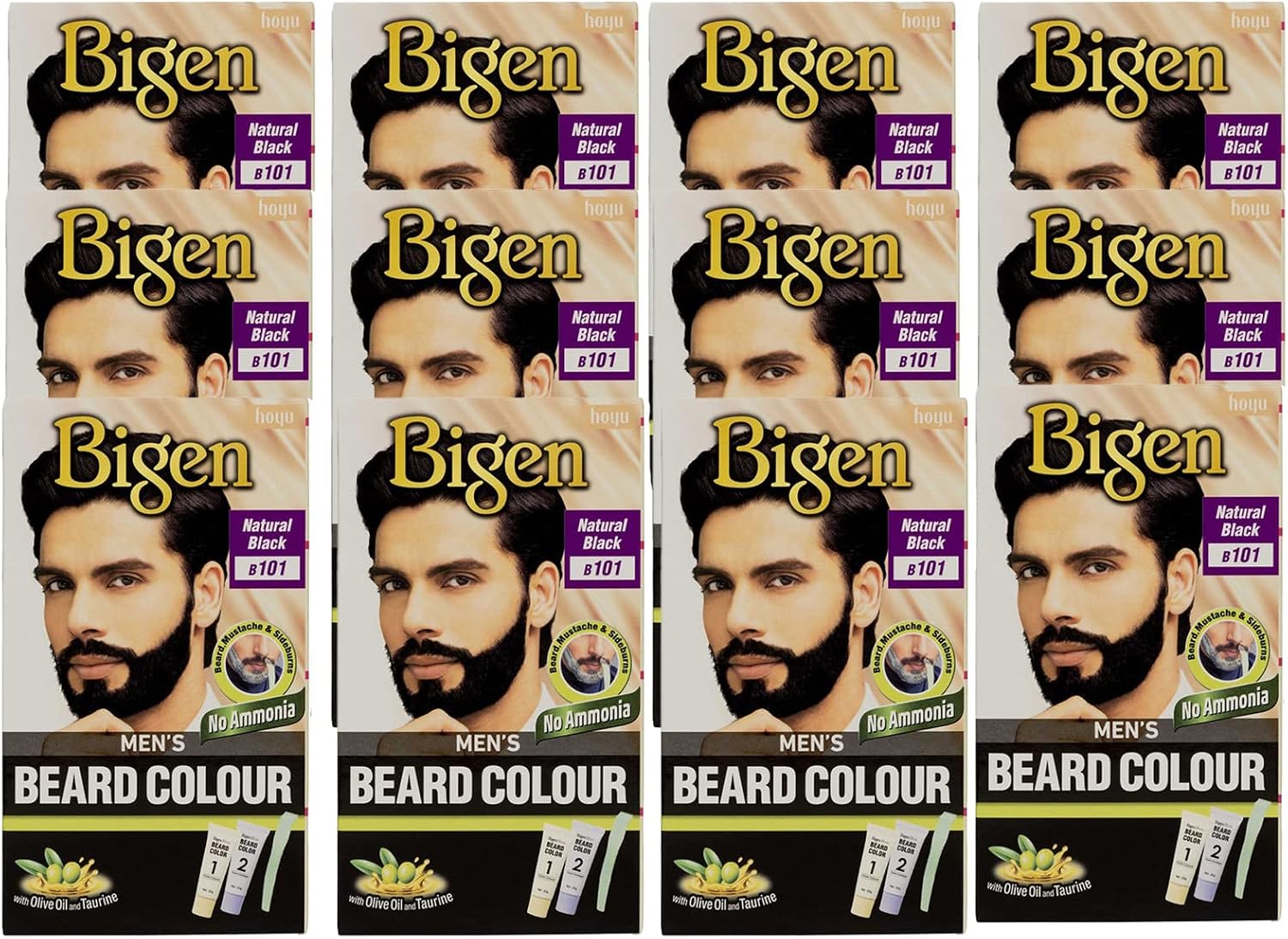 12 x Bigen Men's Beard Colour | No Ammonia Formula with Aloe Extract & Olive Oil - 101 Natural Black