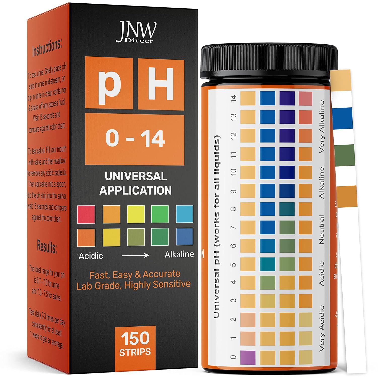 JNW Direct Universal pH Test Strips (0-14) - 150 Quick & Easy pH Testing Strips - Ultimate pH Balance Test Strips Kit - 150 Strips