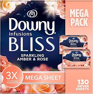 Downy Infusions Mega Dryer Sheets, Laundry Fabric Softener, BLISS, Amber and Rose, 130 Count