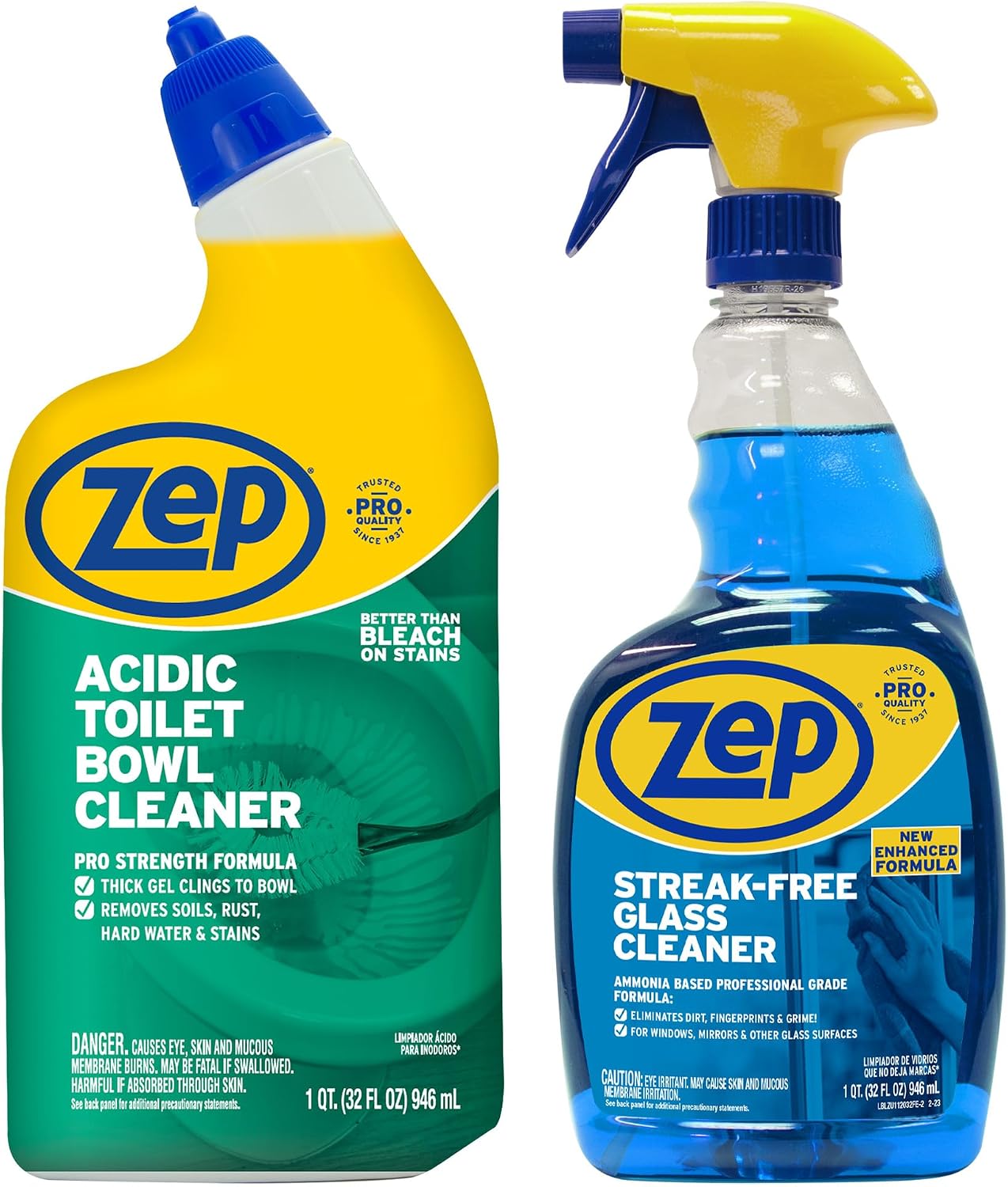 Zep Acidic Toilet Bowl Cleaner (1ct) & Streak-Free Glass Cleaner 32oz (1ct)