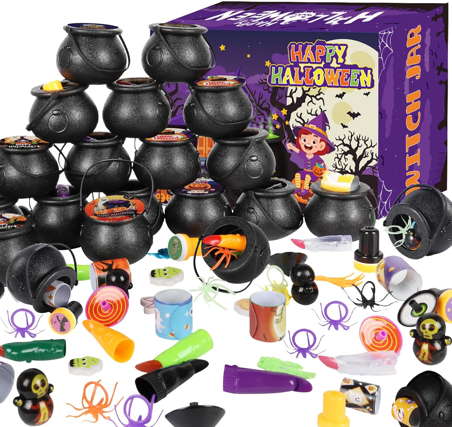 240 PCS Halloween Party Favors for Kids Bulk, 24 Pack Prefilled Small Plastic Witch Cauldron,Halloween Toys for Trick or Treat,Halloween Prizes for Kids Party