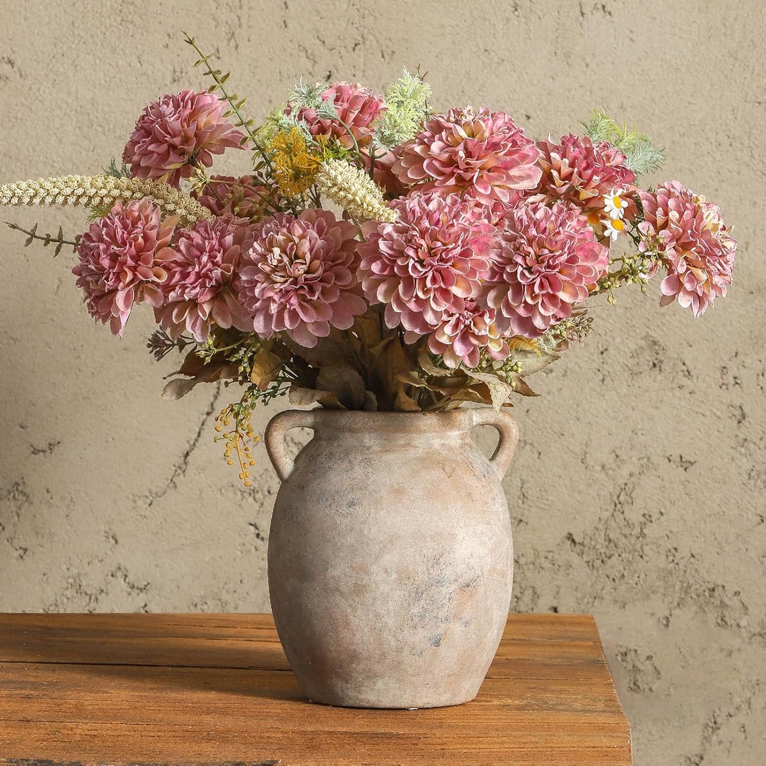 Ceramic Flower Vase 7.6 inch Farmhouse Rustic Vase Decorative Pottery Terracotta Vases for Home Decor Table Mantle Fireplace Living Room Bathroom Wedding Centerpiece (Whitewashed)