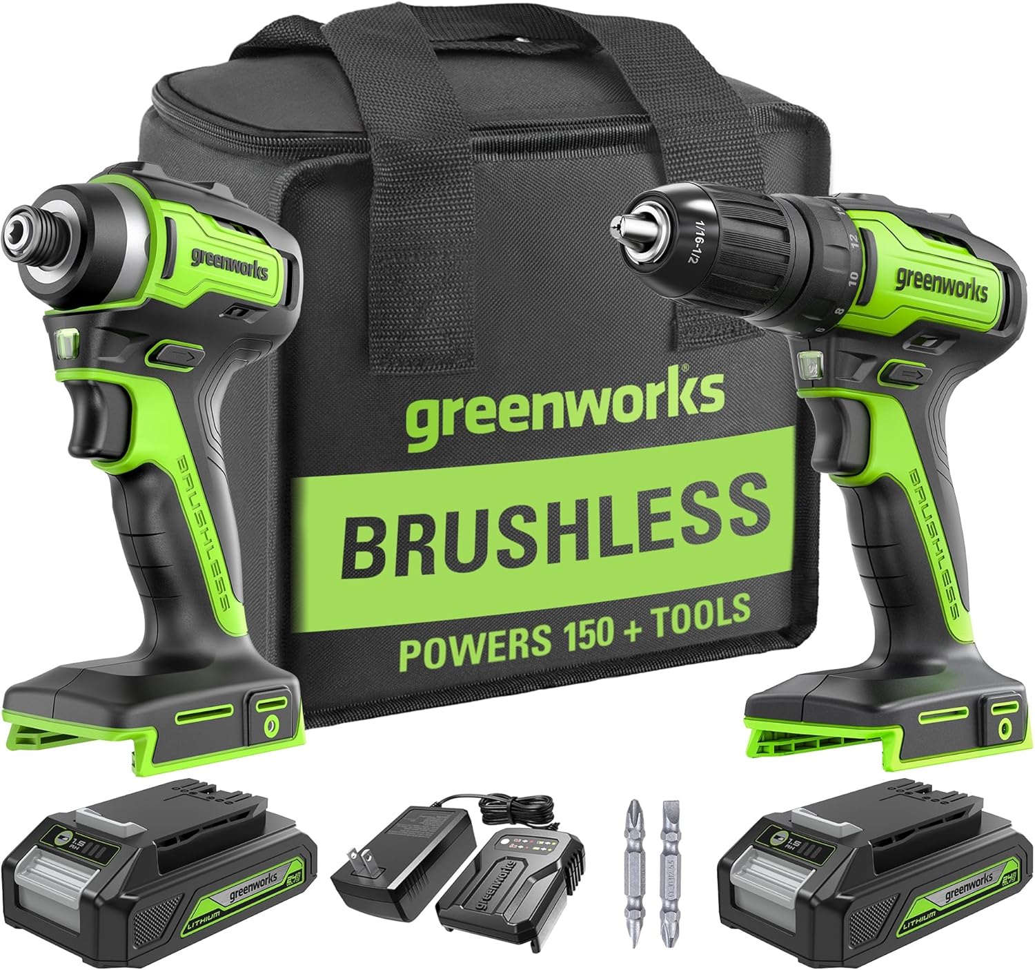Greenworks 24V Brushless Cordless Drill and Impact Driver,Power Tool Combo Kit Included 1/2”Drill & 1/4”Hex Impact Driver and (2) Batteries, Fast Charger, 2 pcs Drill Bit Set & Bag