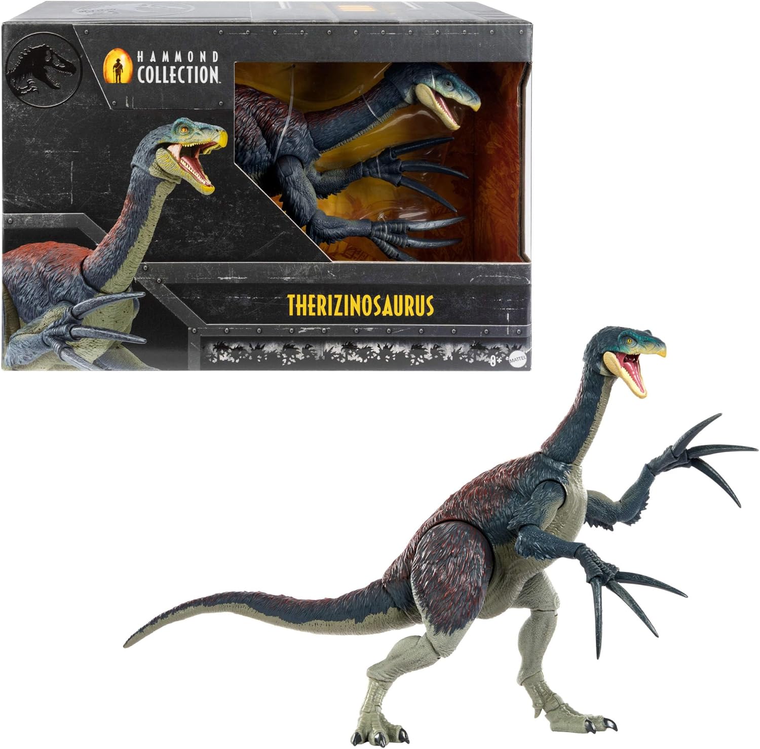 Mattel Jurassic World Dominion Hammond Collection Therizinosaurus Dinosaur Figure with 25 Articulations, Jointed Claws, Glass Eyes & Wired Tail, HXP73