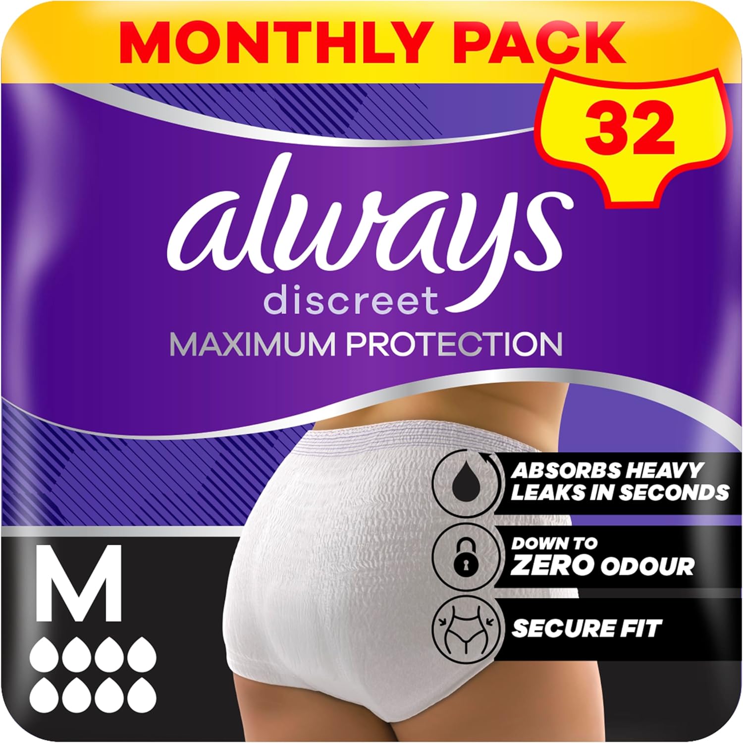 Always Discreet Maximum Protection Incontinence Pants | Secure, Curve-Hugging Fit | Size Medium (UK 10-16), 32 Count (4 Packs of 8)