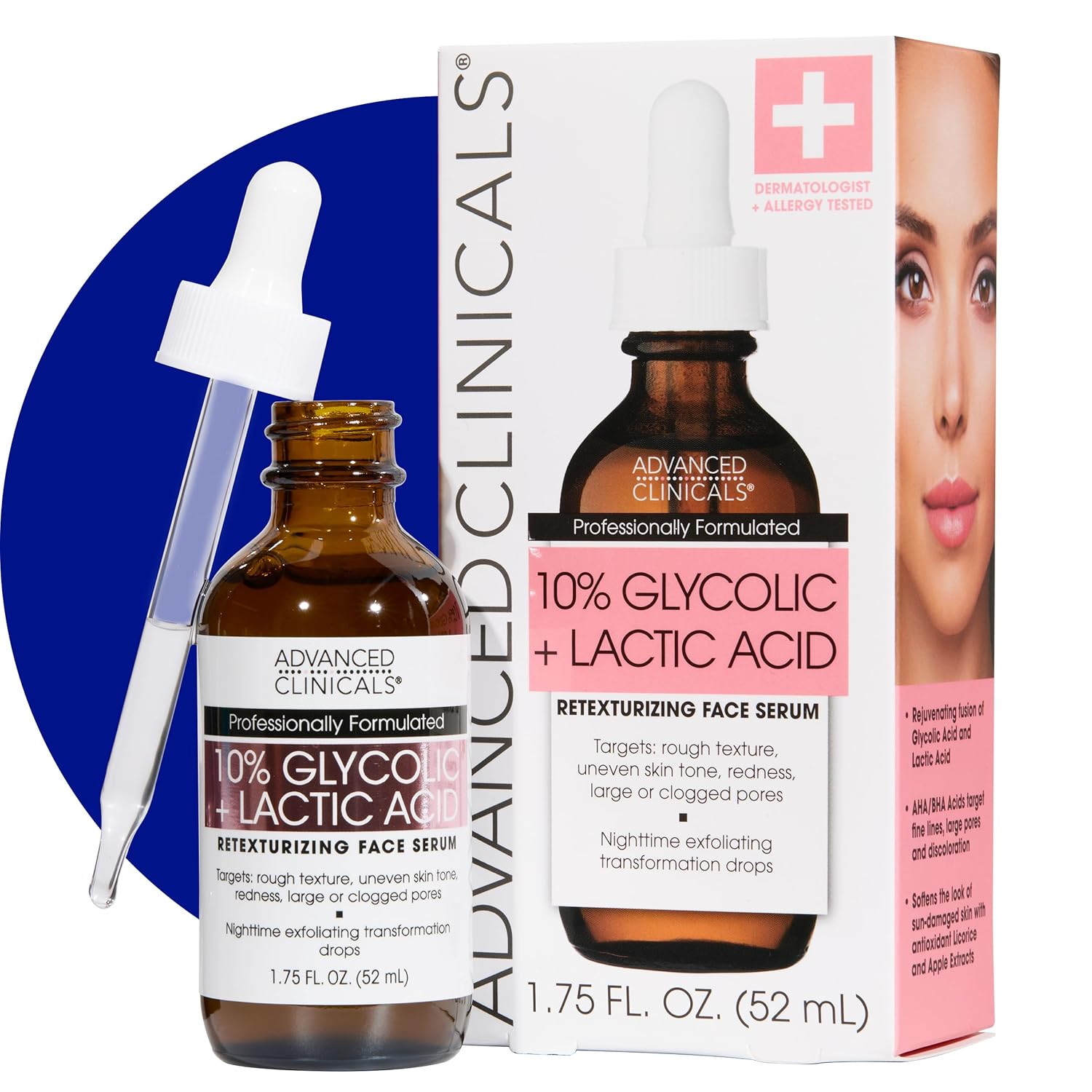 Advanced Clinicals Exfoliating 10% Glycolic Acid Serum For Face + Lactic Acid | Facial Exfoliant AHA + Salicylic Acid Serum To Improve Look Of Large Pores, Uneven Skin Tone, & Dark Spots, 1.75 FL Oz