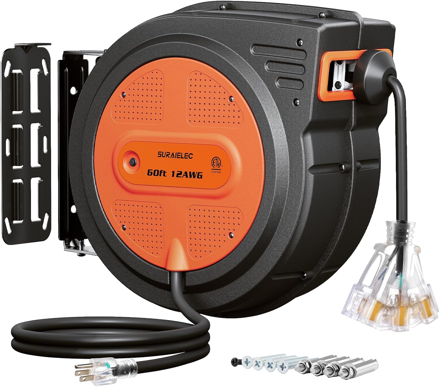 SURAIELEC 12 Gauge Extension Cord Reel, 60FT, ETL Listed, Orange | Auto-Rewind, Lighted Triple Tap, 12 AWG SJTOW Heavy Duty Power Cord, 13 AMP Circuit Breaker, Ceiling/ Wall Mount for Garage