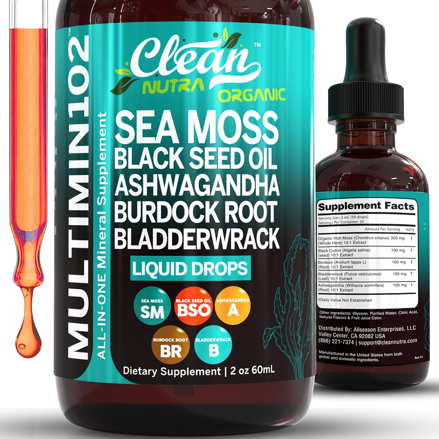 Clean Nutraceuticals Sea Moss Liquid Drops Supplement with Black Seed Oil Ashwagandha Burdock Root & Bladderwrack - Multimineral Organic Non-GMO Vegan for Gut Heath Skin Immune Support Hair