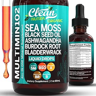 Clean Nutraceuticals Sea Moss Liquid Drops Supplement with Black Seed Oil Ashwagandha Burdock Root & Bladderwrack - Multimineral Organic Non-GMO Vegan for Gut Heath Skin Immune Support Hair