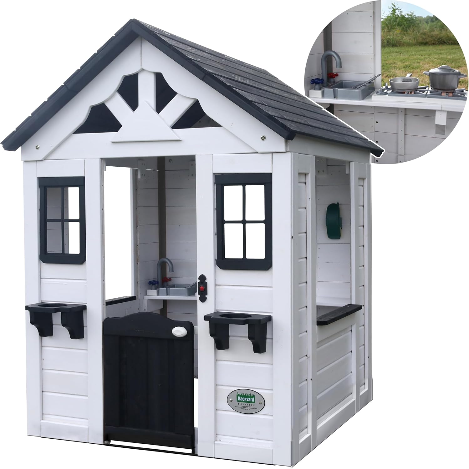 Backyard Discovery Sweetwater White Cedar Wooden Kids Playhouse Cottage with Play Kitchen, Snack Bar, Half Door, Toy Phone, Windows, Flowerpot Holders, Working Doorbell for Outdoor Imaginative Play