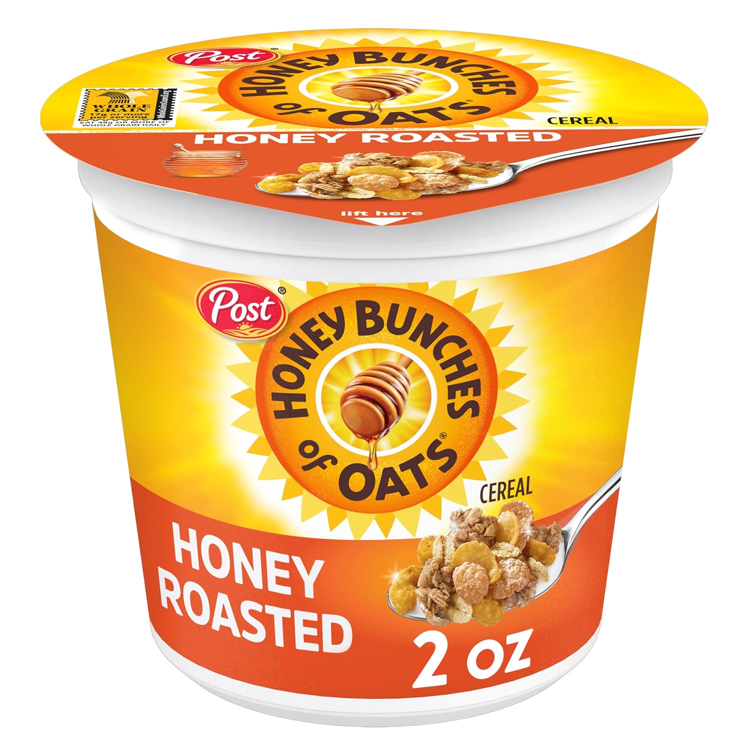 Post Honey Bunches of Oats Honey Roasted Breakfast Cereal, Honey Oats Cereal with Granola Clusters, Small Cereal Cup Size for Easy On-The-Go Breakfast, 2 OZ Cereal Cup