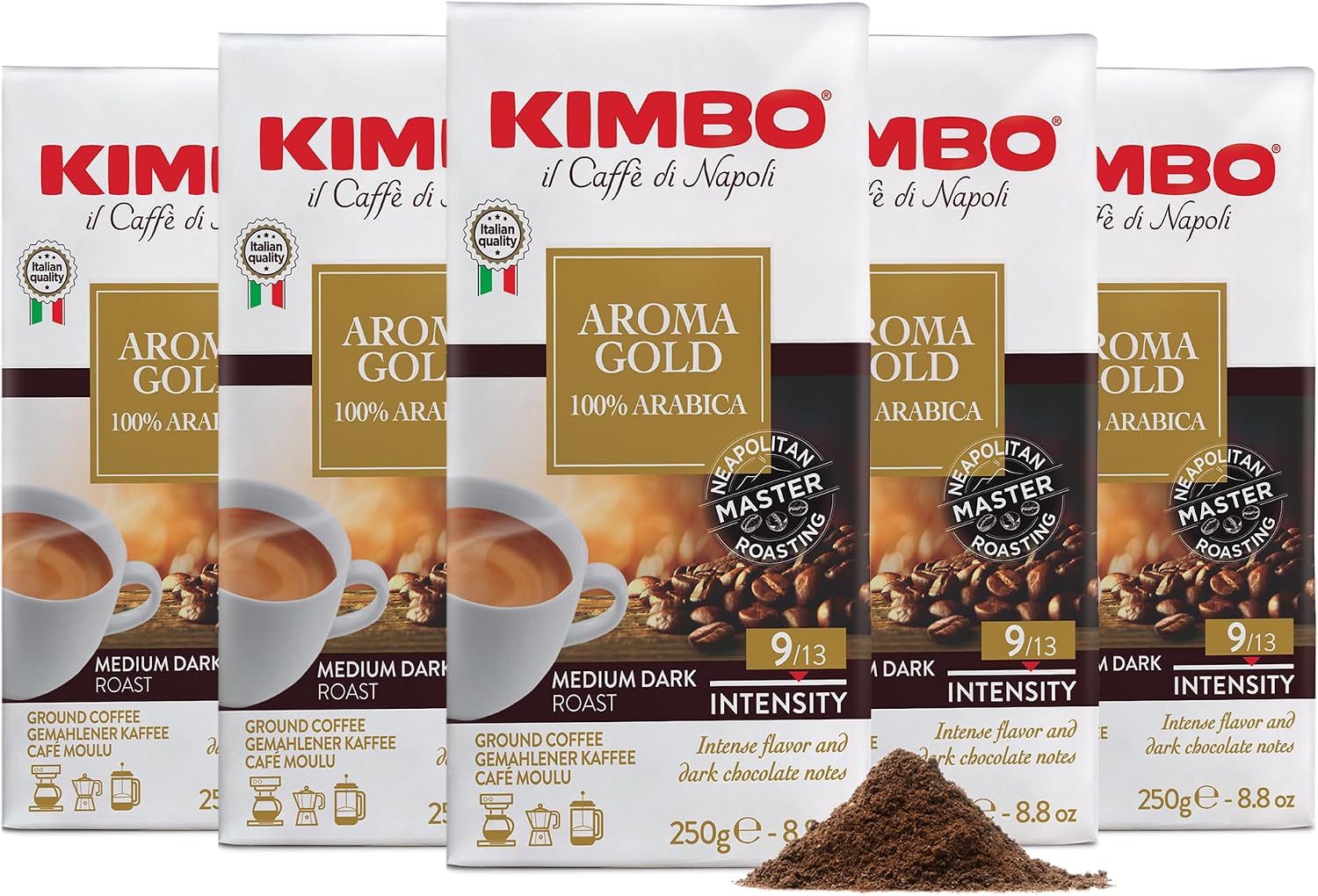 Kimbo Coffee Aroma Gold Ground Coffee, Medium Dark Roast, 5 x 250g