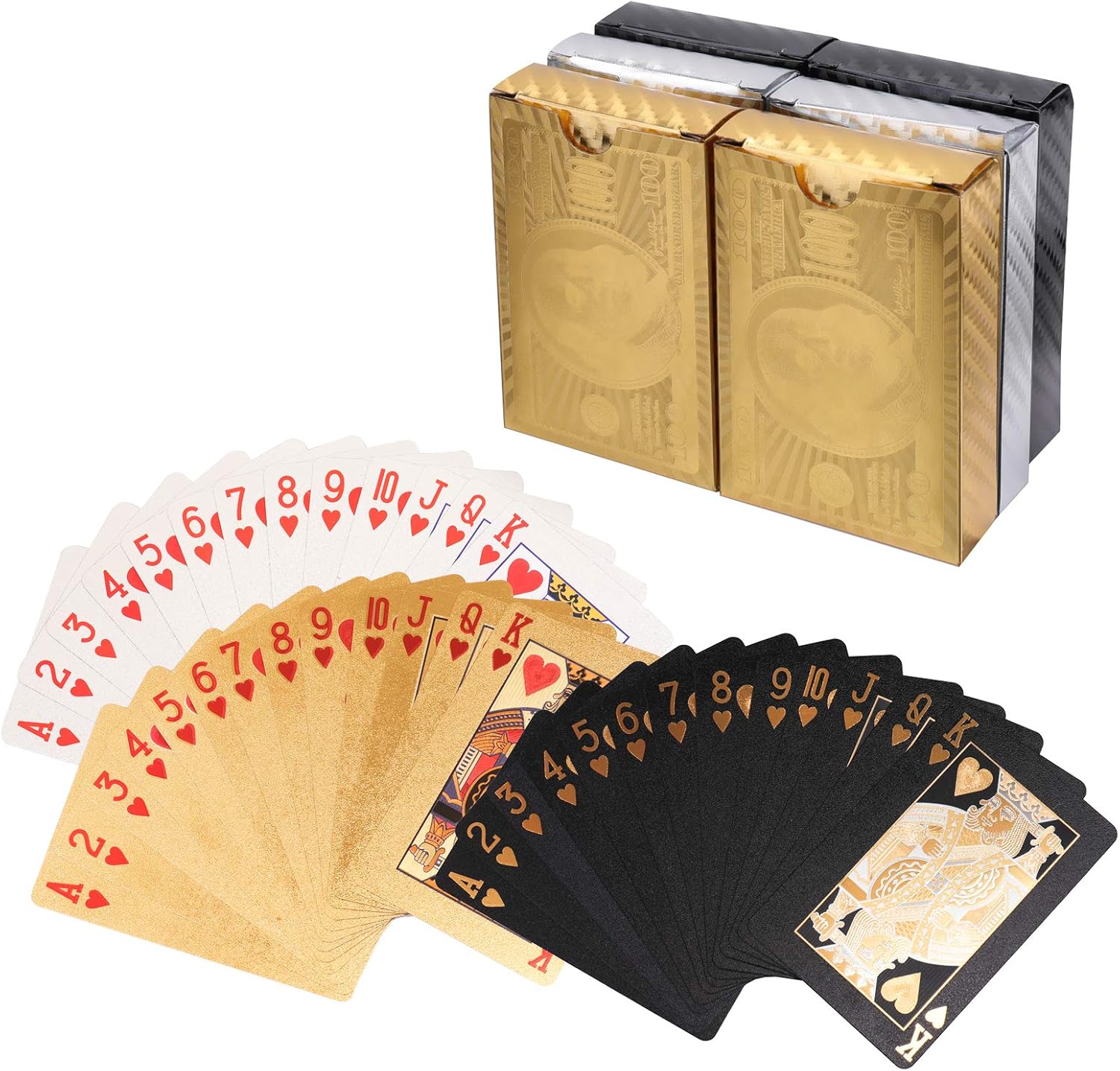 Yopay 6 Decks of Playing Cards, Luxury 24K Foil Waterproof Cards, Plastic Novelty Family Card Game Tools with 100 Dollar Pattern for Gift Travel Classic Party Game (2 Golden, 2 Silver, 2 Black)