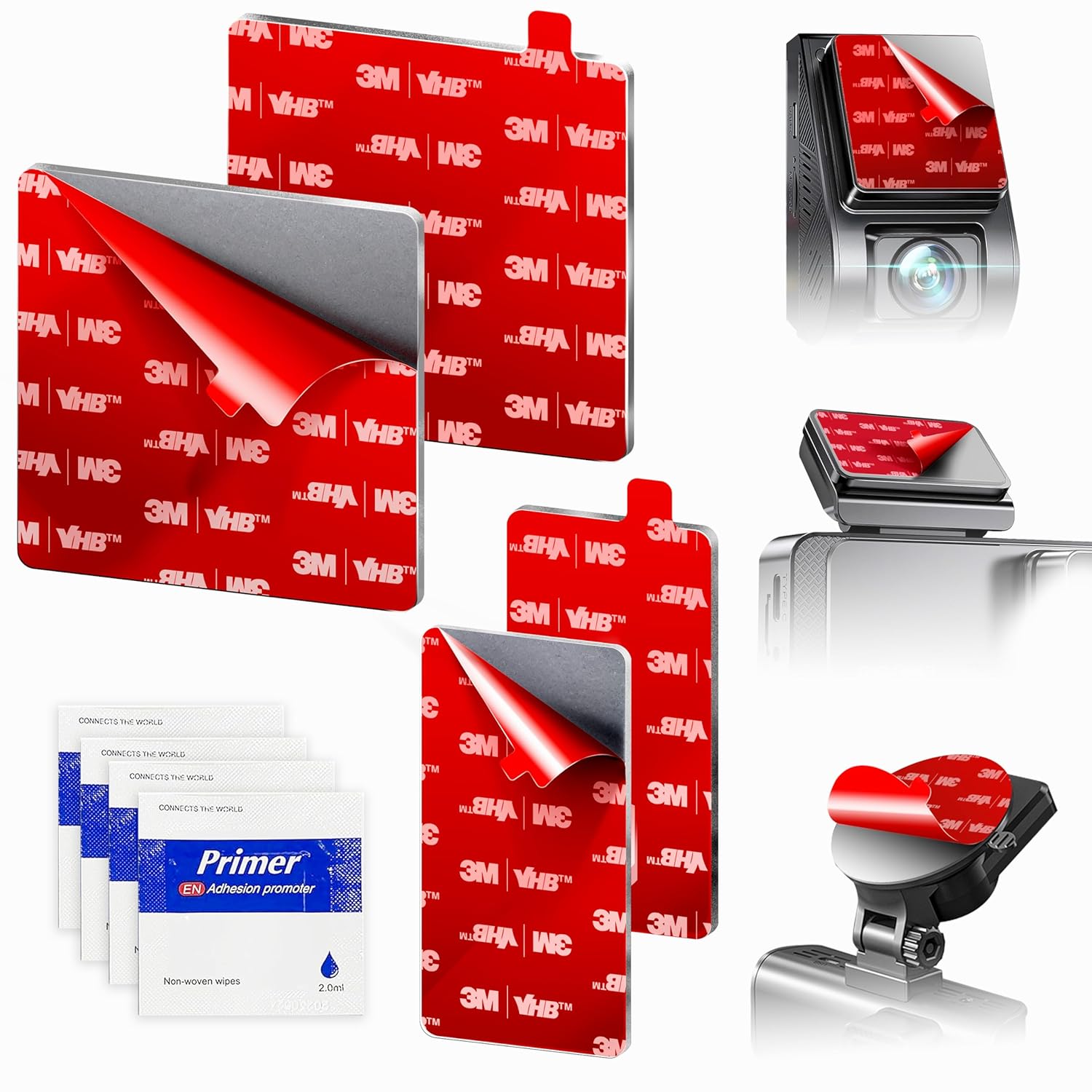 Dash Cam Mount Adhesive Pads – 4-Pack Double-Sided Tape Made with 3M VHB – 2 Square (72x72mm) & 2 Rectangular (72x36mm) – Heat-Resistant for Windscreen & Dashboard – Includes 4 Adhesion Promoters