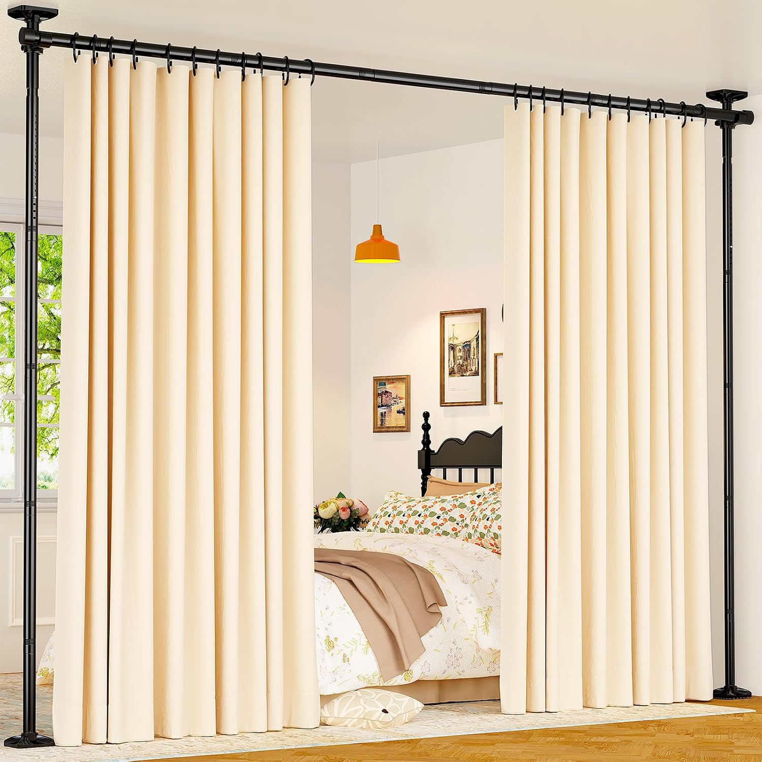 Goovilla Room Divider for Room Separation, Tension Curtain Rods No Drilling, 4-10ft(H) 28-70inch(W) Adjustable Temporary Privacy Wall Divider, Heavy Duty Freestanding Space Partition Separator, Black