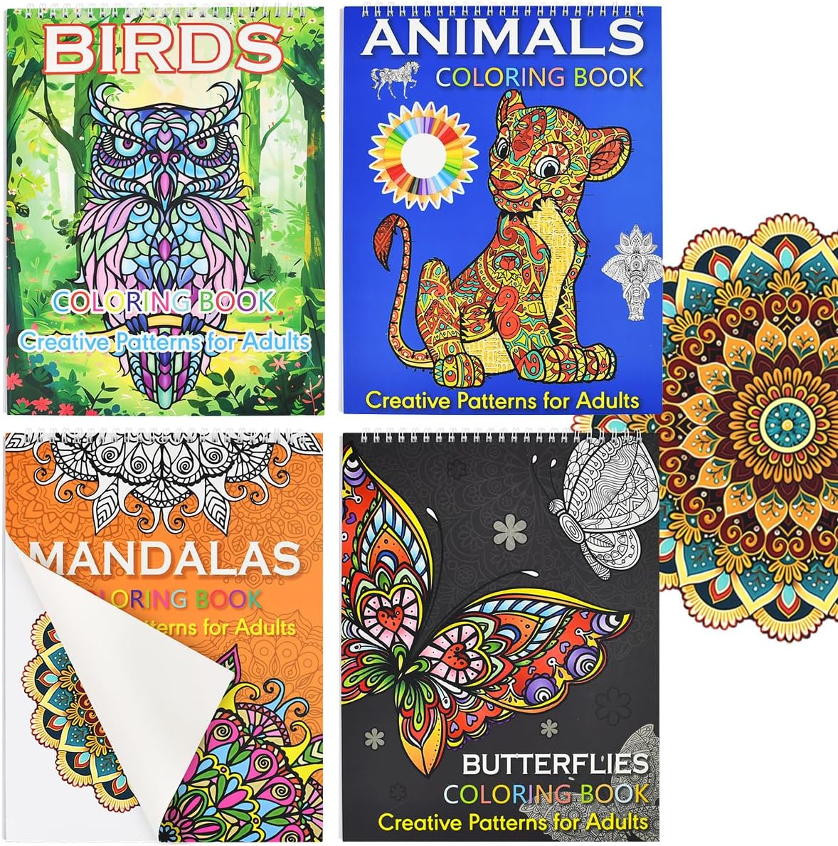 Elyyapt 4 Pack Mandalas Colouring Books Spiral Bound Relaxing Colouring Books Colour Therapy Anti-Stress Adult Colourings Book for Women Men, Birds Animals Butterflies Pattern Designs for Relaxation
