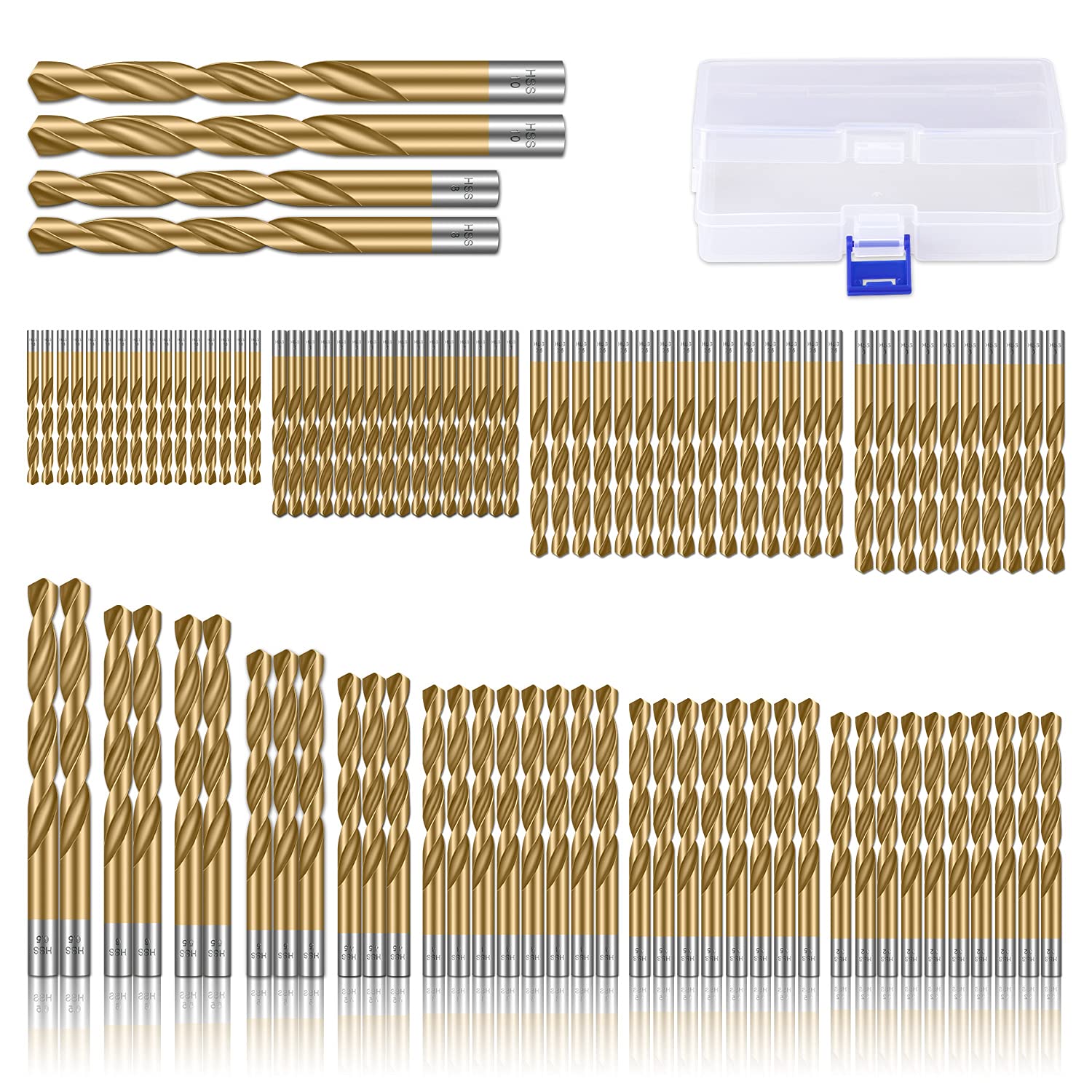 99pcs Titanium Coated Steel Drill Bit Sets, 1.5-10mm Drill Bits for Drilling Wood, Plastic, Aluminum, Copper and Thin Iron, High Speed Steel HSS 4241 Wood Drill Bits