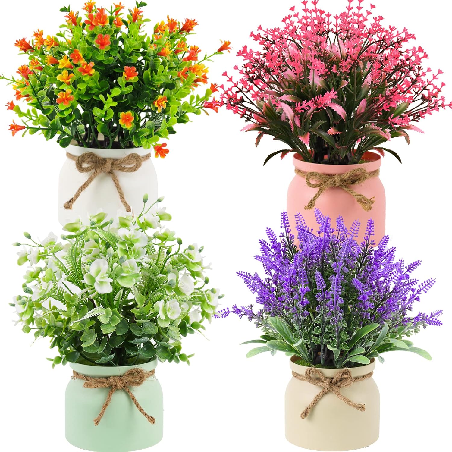 RIDDSEE Artificial Flowers 4Pcs Potted Plants Decorative Faux Lavender With Plastic Pot for Home Window Sill Kitchen Office Desk Table Decor -(Medium,25cm)