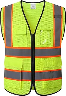Reflective Mesh Safety Vest for Men Women with 5 Pockets and Zipper Front High Visibility Mesh Vest Hi Vis Construction Work Vest,Meets ANSI/ISEA Standards(EK175-Yellow-L)