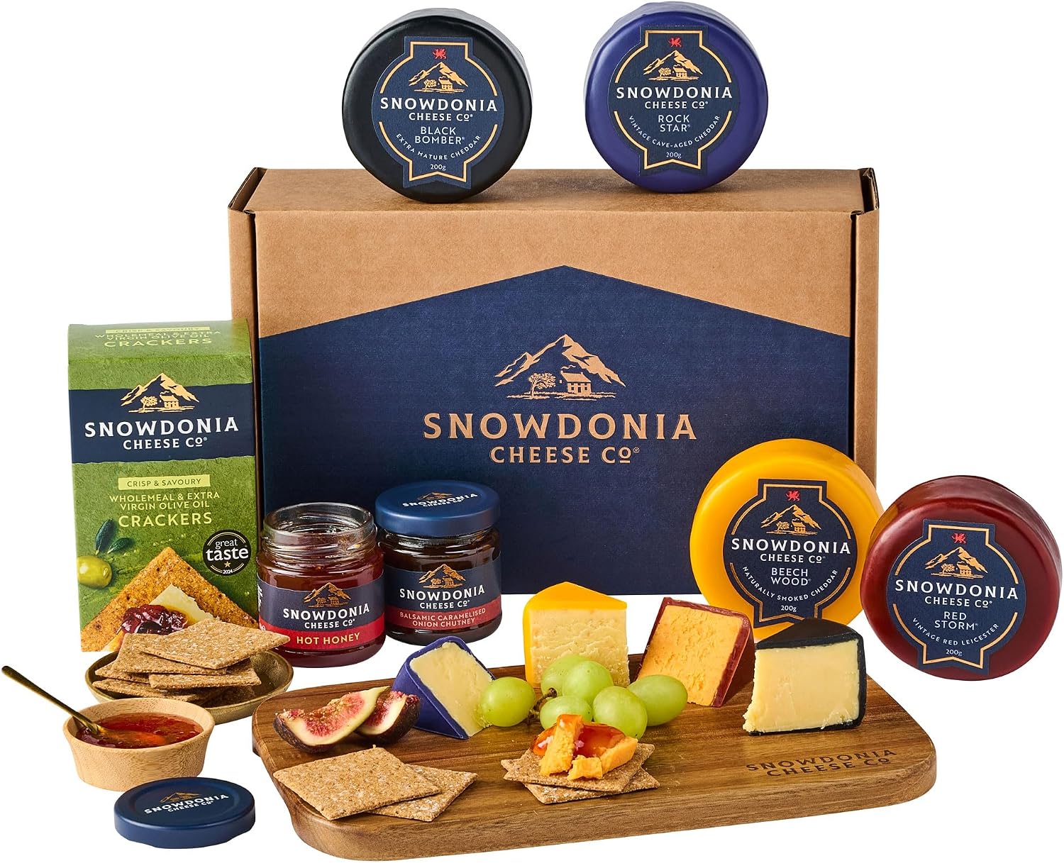 Snowdonia Cheese Company | Cheese Board Selection | 4 Luxury Welsh Cheeses, 1 Chutney, 1 Hot Honey, Crackers and 1 Acacia Wood Board
