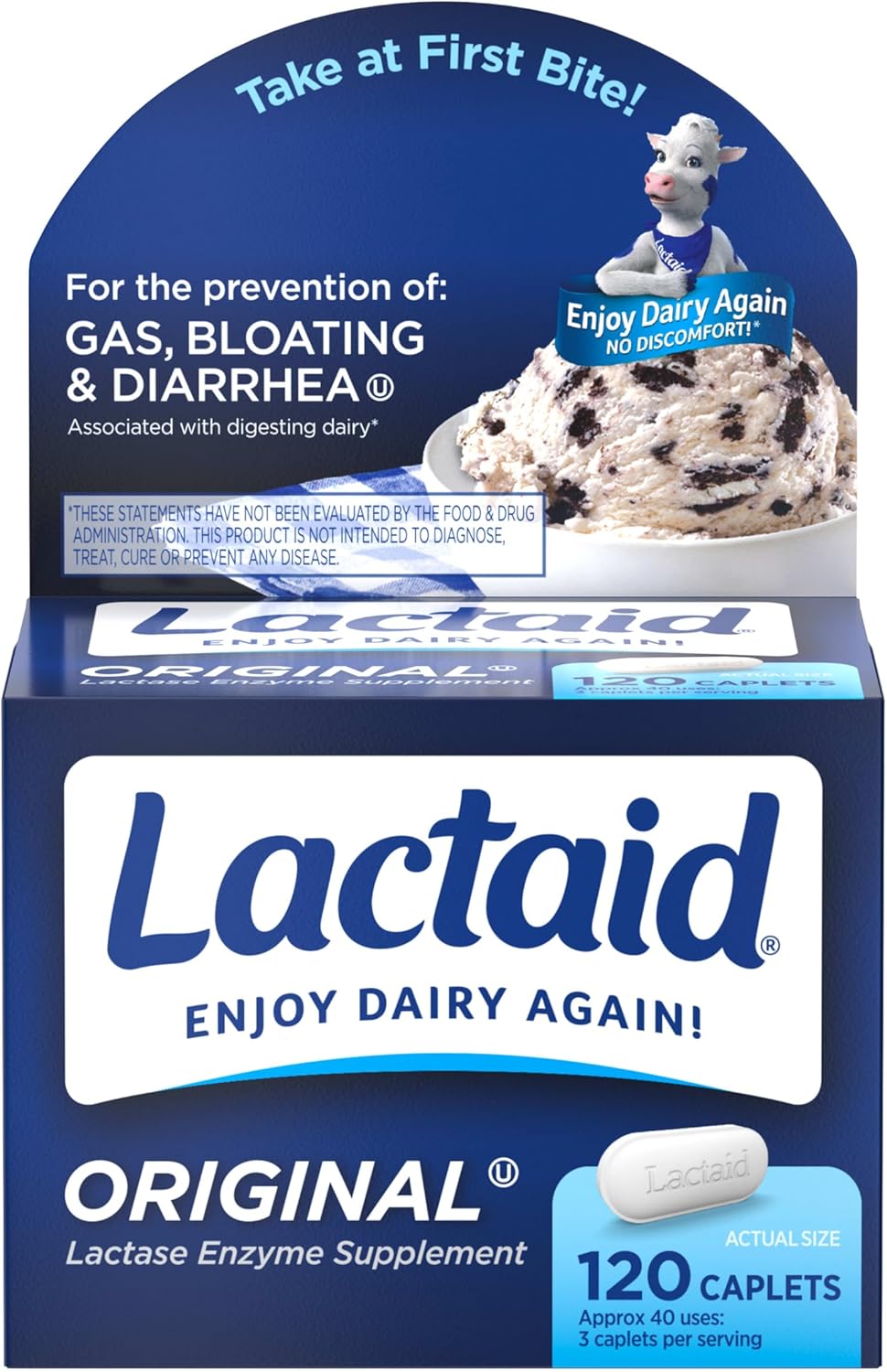 Lactaid Original Strength Lactose Intolerance Caplets, 9000 FCC Lactase Enzyme Caplets, Helps Pre-Vent Gas, Bloating & Diarrhea Due to Lactose Sensitivity in Adults & Kids Ages 4+, 120 Count