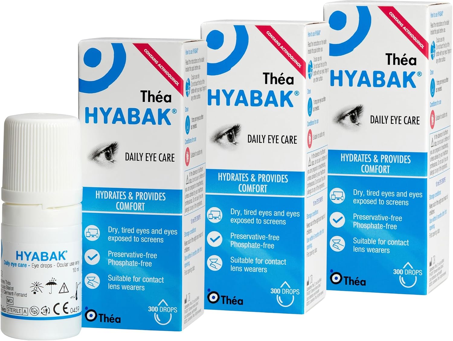 3 x Hyabak Eye Drops - Moisturising & Refreshing Drops | Gentle and Long-Lasting Relief from Long Screen Use & Contact Lens Wearers | Preservative-Free | Pack of 3 x 10ml (900 Drops)