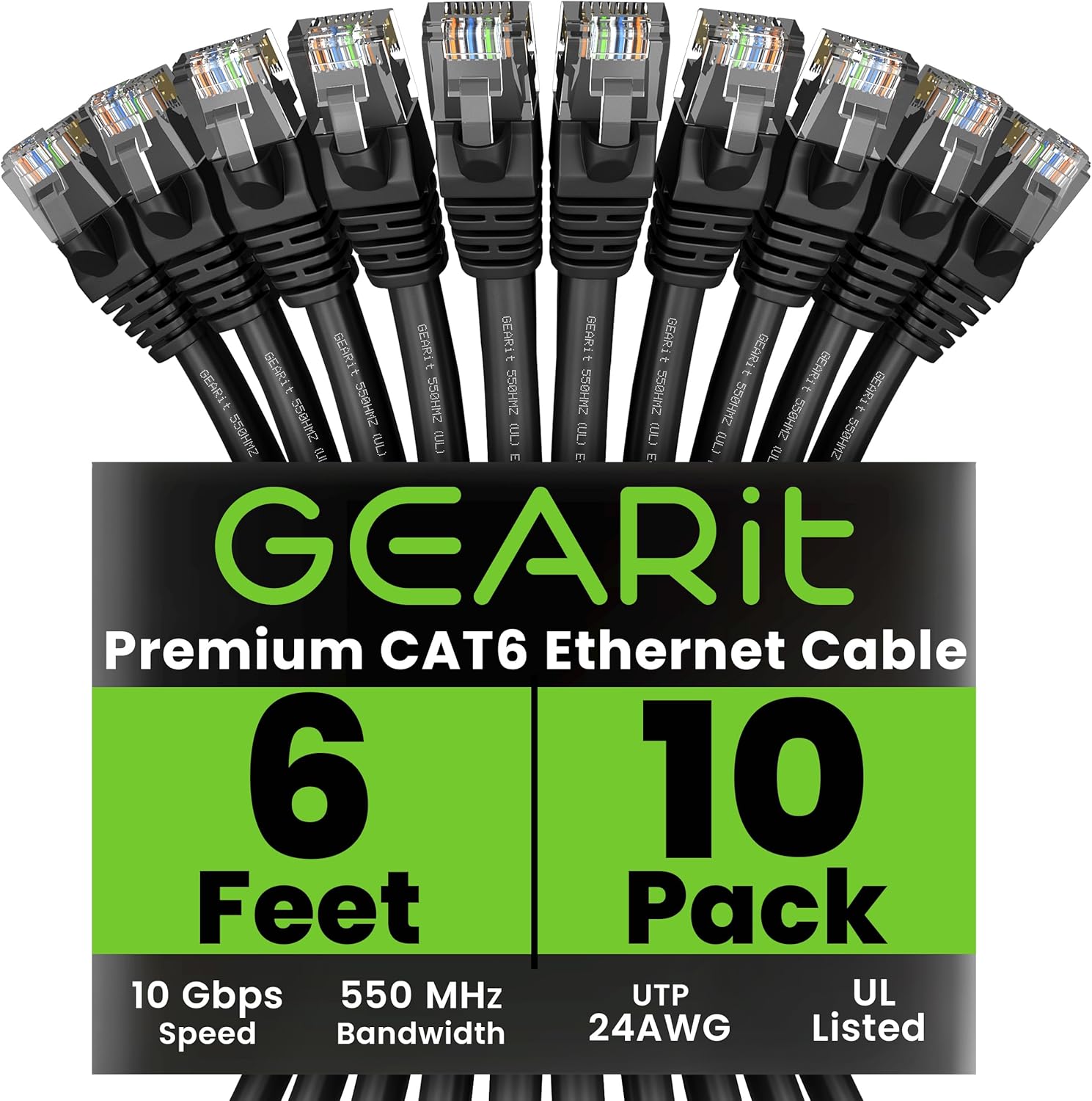 GEARit Ethernet (10-Pack 6 Feet) Cat6 Network Patch, 10Gbps, RJ45, Snagless Cord, Gold-Plated Connectors, Internet for PC, TV, Tablet, Router, Printer, Servers, IT Data Center - Black