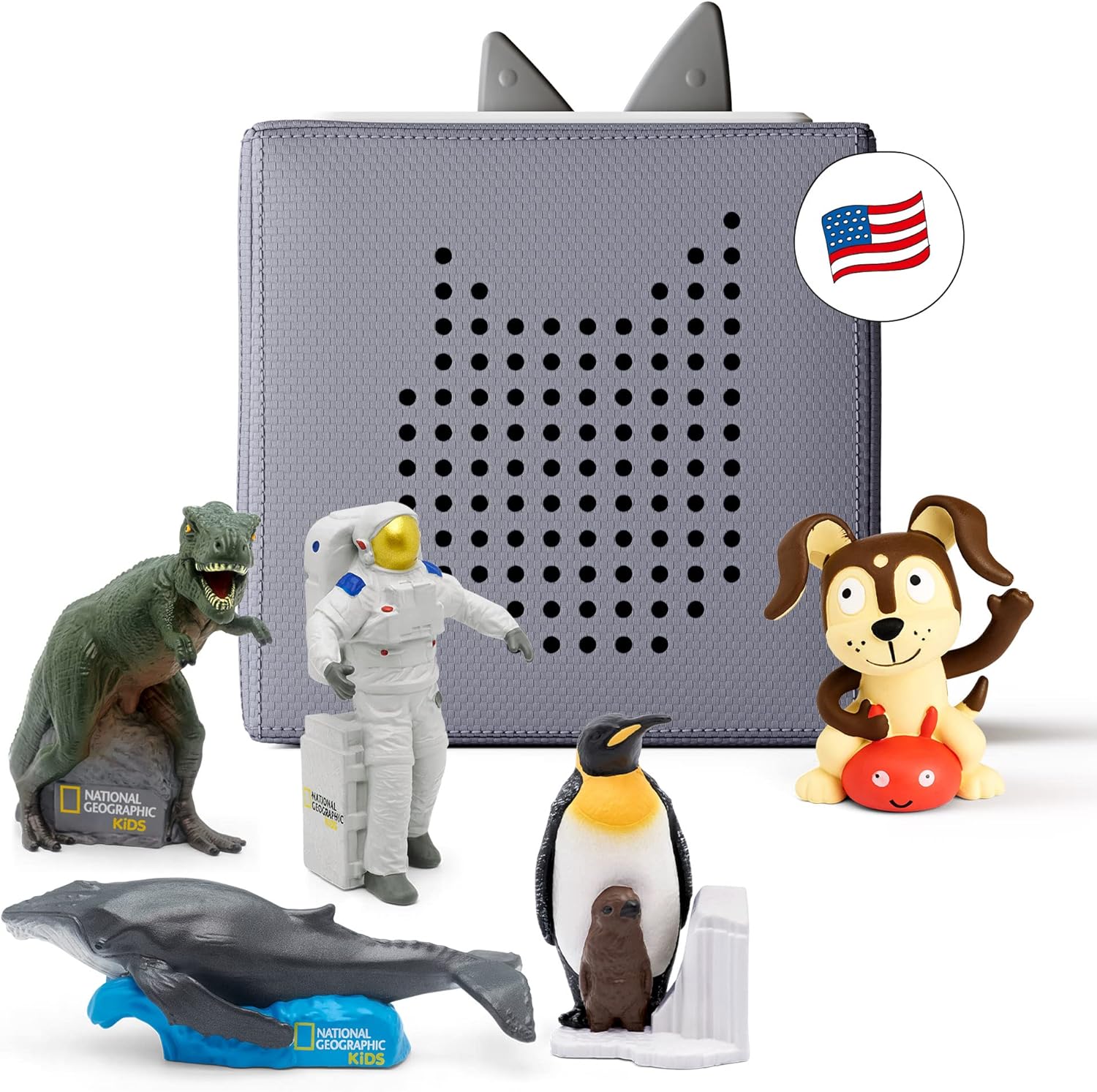 Toniebox Audio Player Starter Set with National Geographic Astronaut, Dinosaur, Whale, Penguin, and Playtime Puppy - Listen, Learn, and Play with One Huggable Little Box - Gray