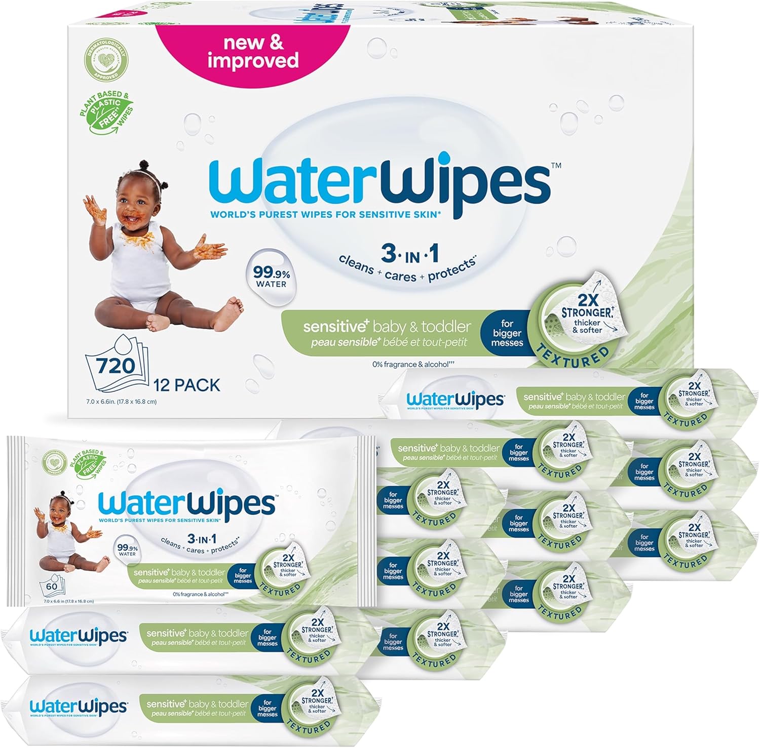 WaterWipes Sensitive+ Baby & Toddler Wipes, 3-In-1 Cleans, Cares, Protects, 99.9% Water, Textured Clean, Unscented & Hypoallergenic, 720 Count (12 Packs)