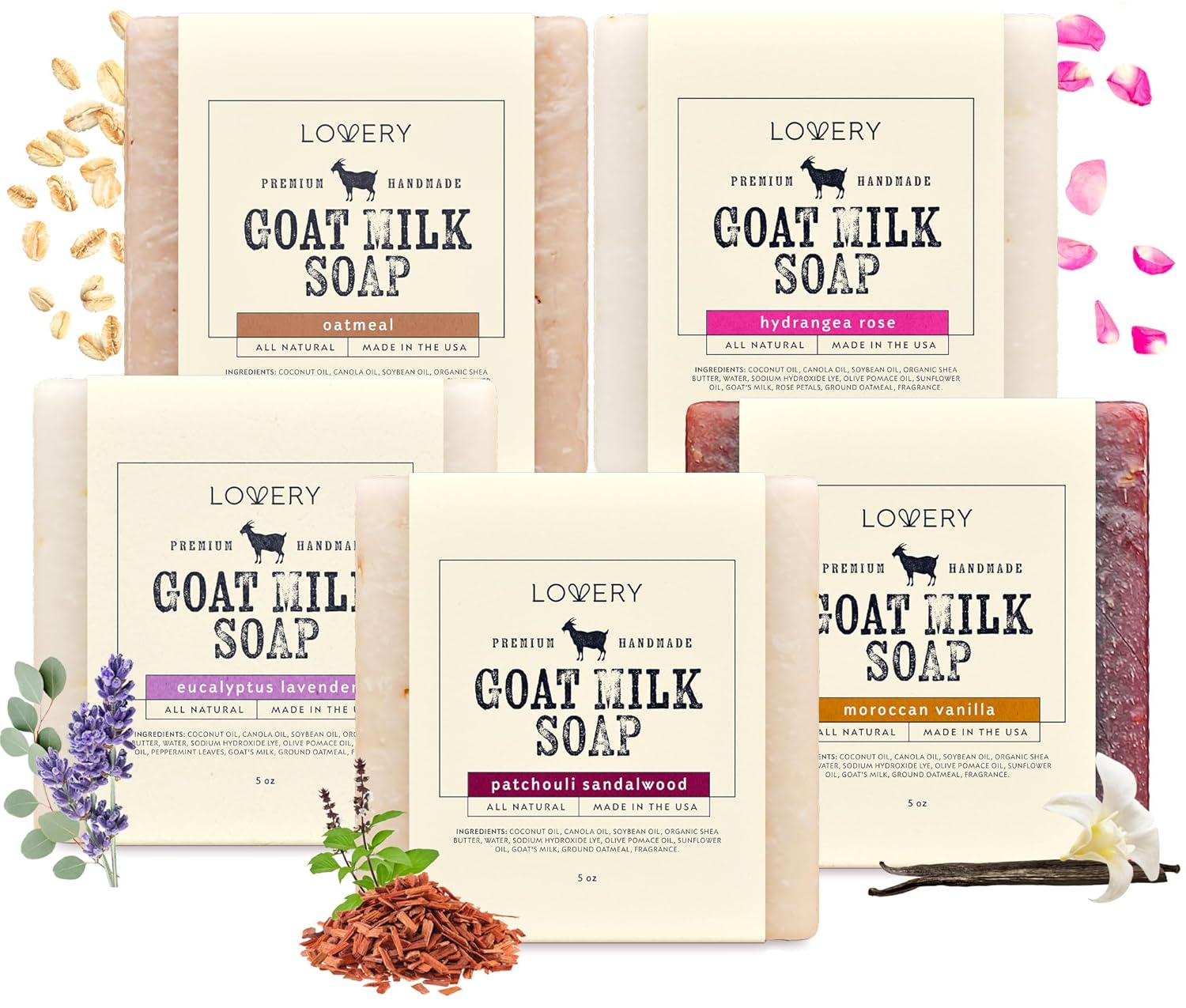 LOVERY Goat Milk Soap with Organic Shea Butter - Goats Milk Soap Bars - Oatmeal, Eucalyptus Lavender, Moroccan Vanilla, Hydrangea Rose, Patchouli Sandalwood, All Natural Soap Bar, 5 Pack
