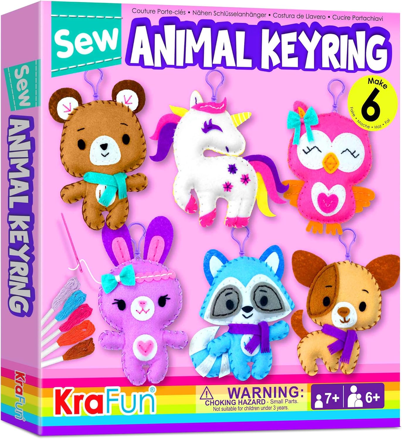 KRAFUN Unicorn Sewing Keyring Kit for Kids Age 7 8 9 10 11 12 Learn Art & Craft, Includes 6 Stuffed Animal Bear, Dog, Rabbit, Raccoon, Owl Dolls, Instruction & Felt Materials