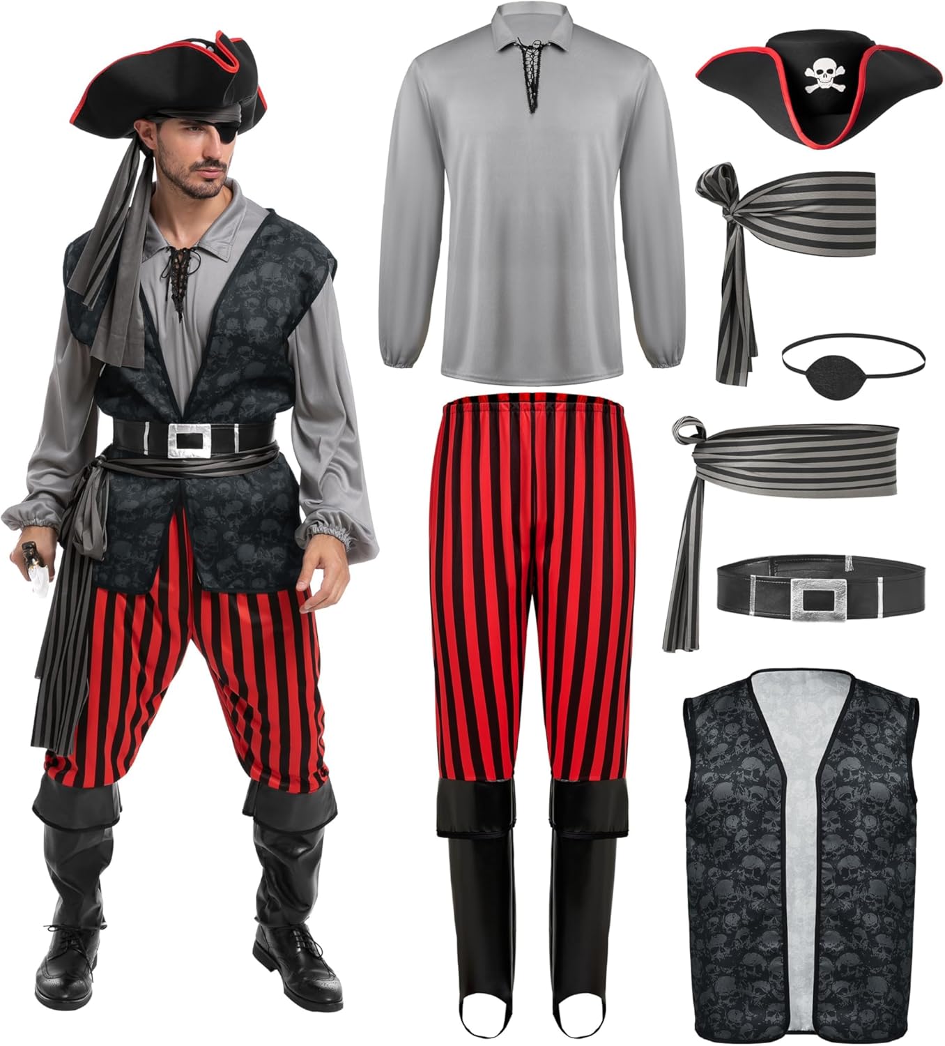 Spooktacular Creations Men Pirate Costume, Adult Khaki Pirate Shirt Vest Viking Pants Hat Accessories Set for Halloween Themed Trick or Treating Cosplay Parties