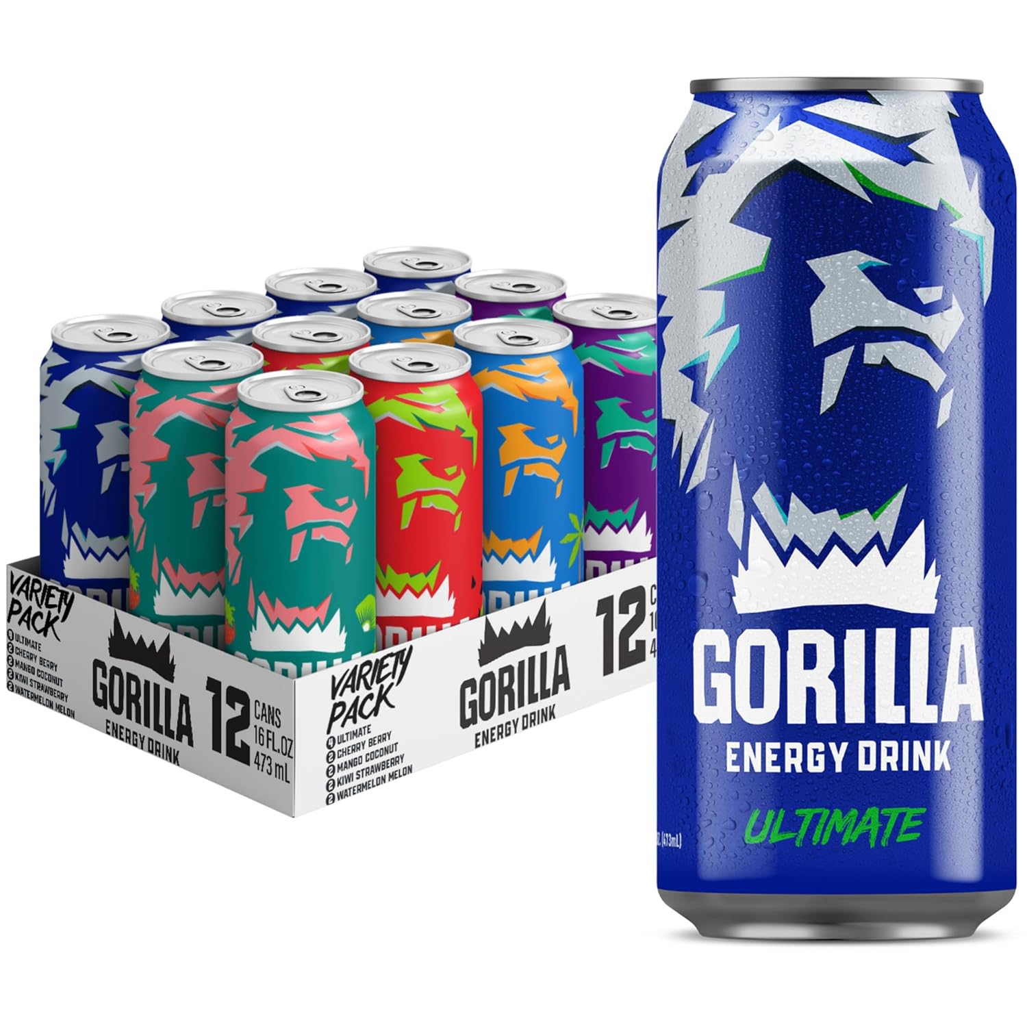 Gorilla Energy Drink, Variety Pack, 200mg Natural Caffeine, Real Fruit Juice Squeezed & Concentrated, L-Theanine, Taurine, Ginseng, Acetyl L-Carnitine, No Added Sugar and No Artificial Colors, 12 Pack