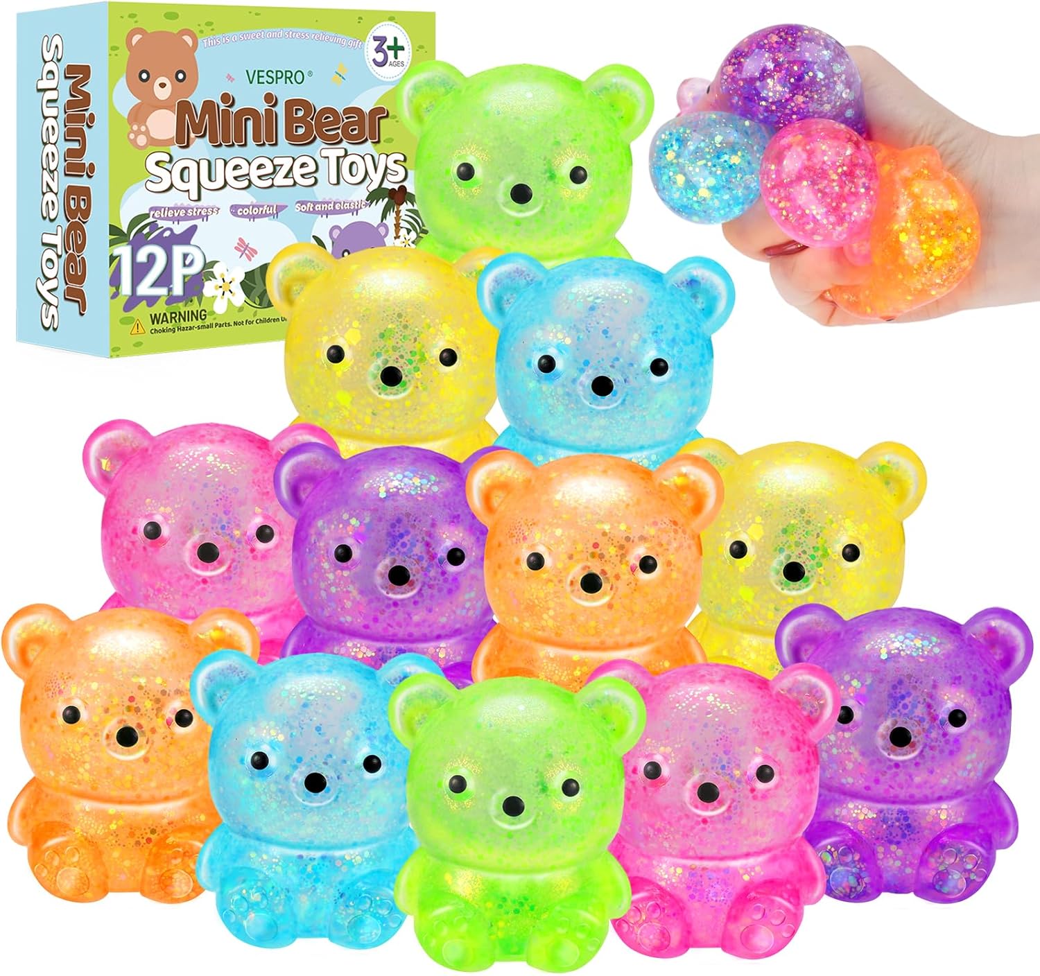 12Pack Fidget Toys Squishy ，Cute Bear Squeeze Ball , Stress Balls for Stress Relief，Pull Stretch Classroom Prize Party Favors Toys for Kids