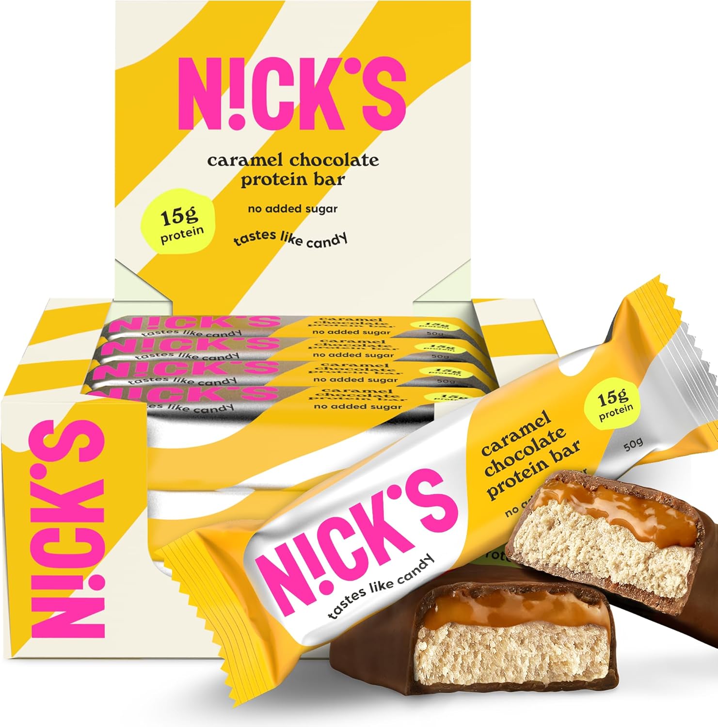 NICKS Keto Protein Bar Caramel Chocolate, 15 g Protein, 190 Calories, Low Carb Snacks No Added Sugar Gluten Free (12 x 50 g)