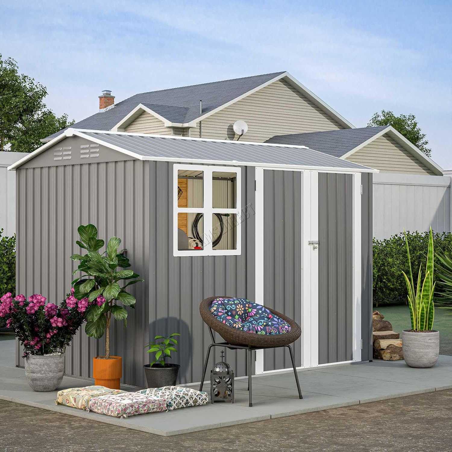 BIRCHTREE Garden Shed Steel Apex Roof House Outdoor Backyard Storage With Lockable Double Doors Window Free Foundation Tool Equipment Organizer Air Vents 8x6FT Grey