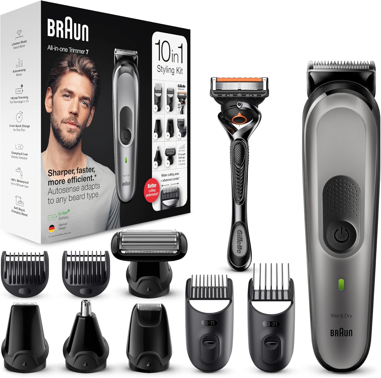Braun 10-in-1 All-in-One Trimmer Series 7, Male Grooming Kit with Beard Trimmer, Hair Clippers, Nose Trimmer, Gillette Razor, Foil Shaver & Body Groomer, Gifts for Men, UK 2 Pin Plug, MGK7221
