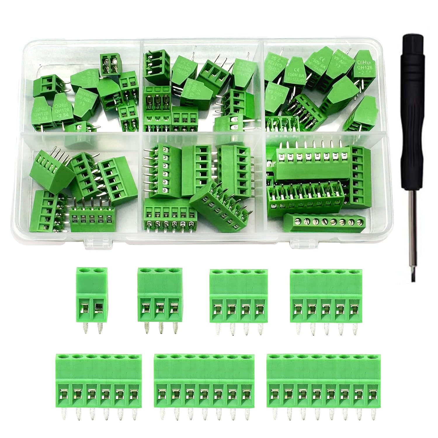 46PCS 2.54mm 0.1" Pitch PCB Mount Screw Terminal Block Connector, Minidodoca 2P 3P 4P 5P 6P 7P 8P Terminals 150V 6A for 26-18AWG Cable，Equipped with Special Screwdriver