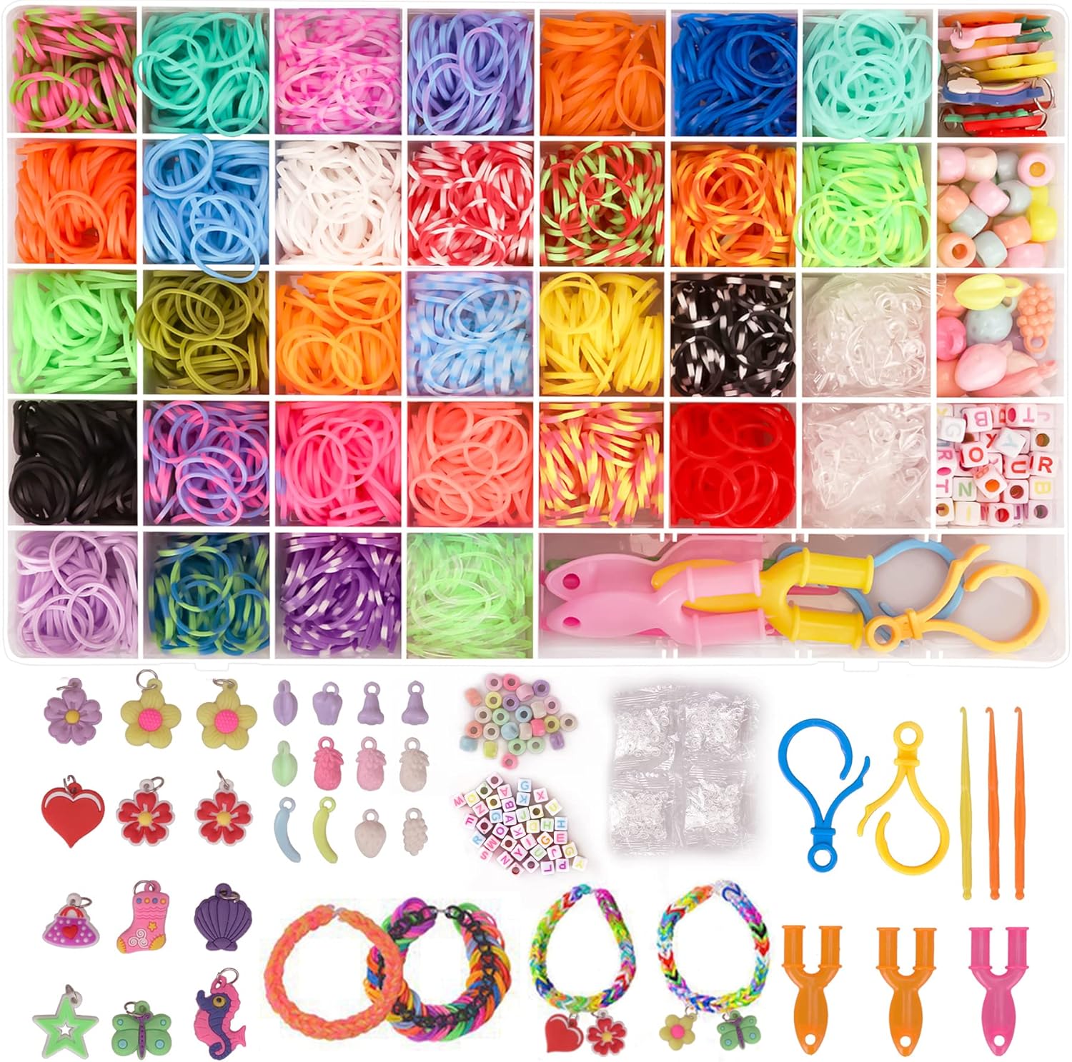 UUEMB 2500+ Loom Bands Kit, 30 Colors Loom Bands for DIY Refill Bracelet Making Craft Kits, Loom Twist Bands with More Accessories in 40 Grids Case for Party, Xmas Gift Birthday Present