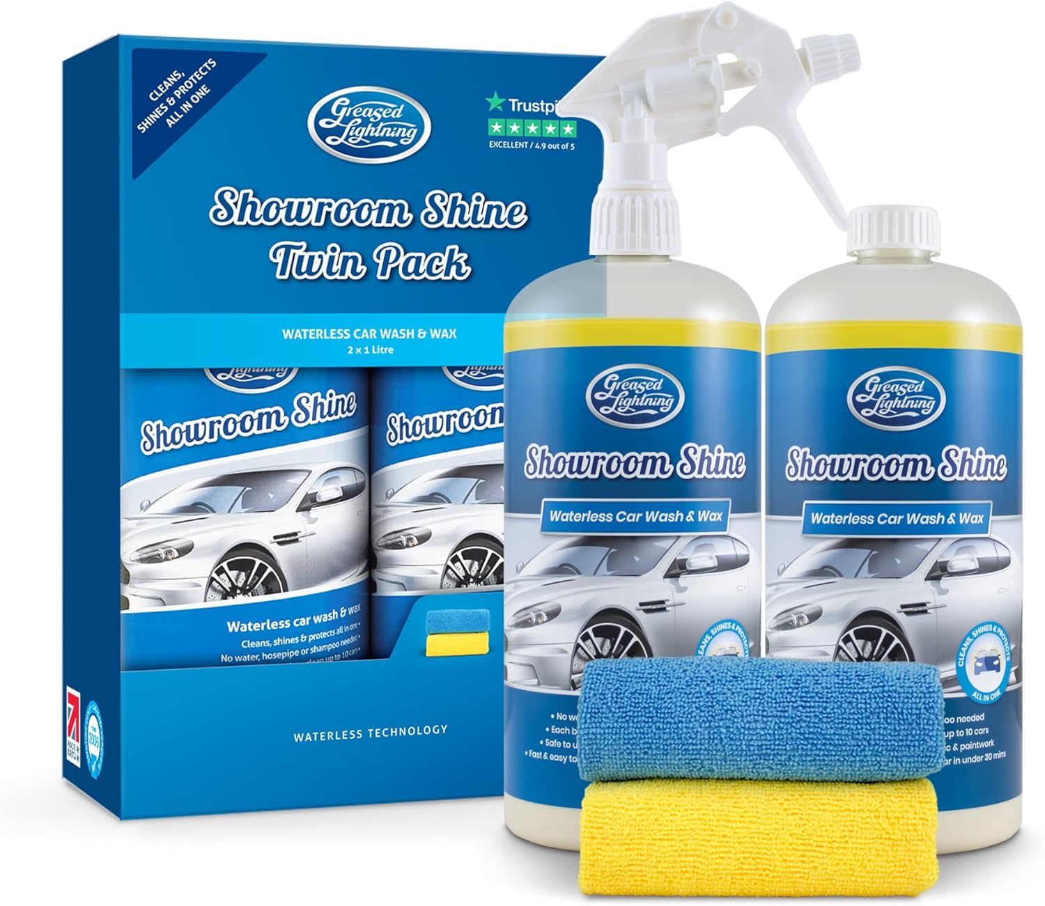 Greased Lightning Showroom Shine Waterless Car Wash and Wax Twin Pack, Easy and Fast, No Water, Premium Shine, Protects and Cleans, for Cars, Caravans, Motorbikes, 1 Litre x 2 Plus 2 Microfibre Cloths