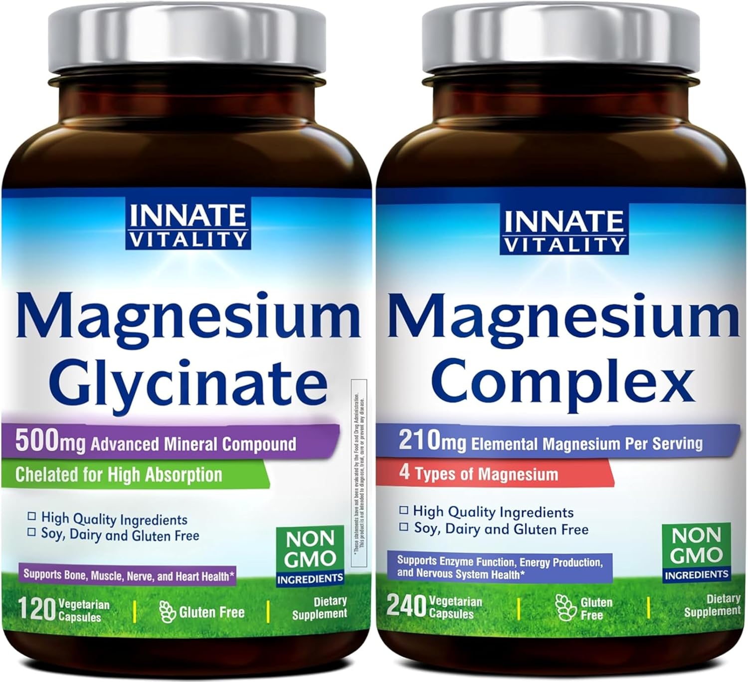 Innate Vitality Magnesium Glycinate 500mg 120 Capsules and 4 in 1 Magnesium Complex 240 Vegan Capsules